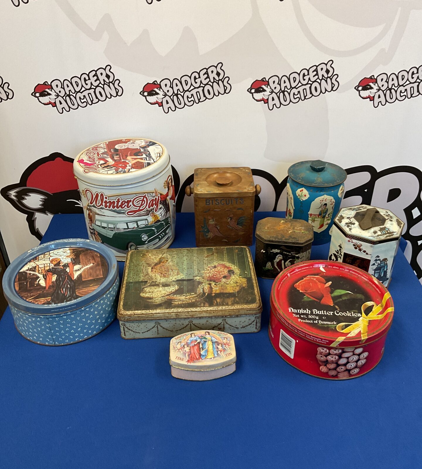 Collection of vintage tins including wooden biscuit box & Chinese tin