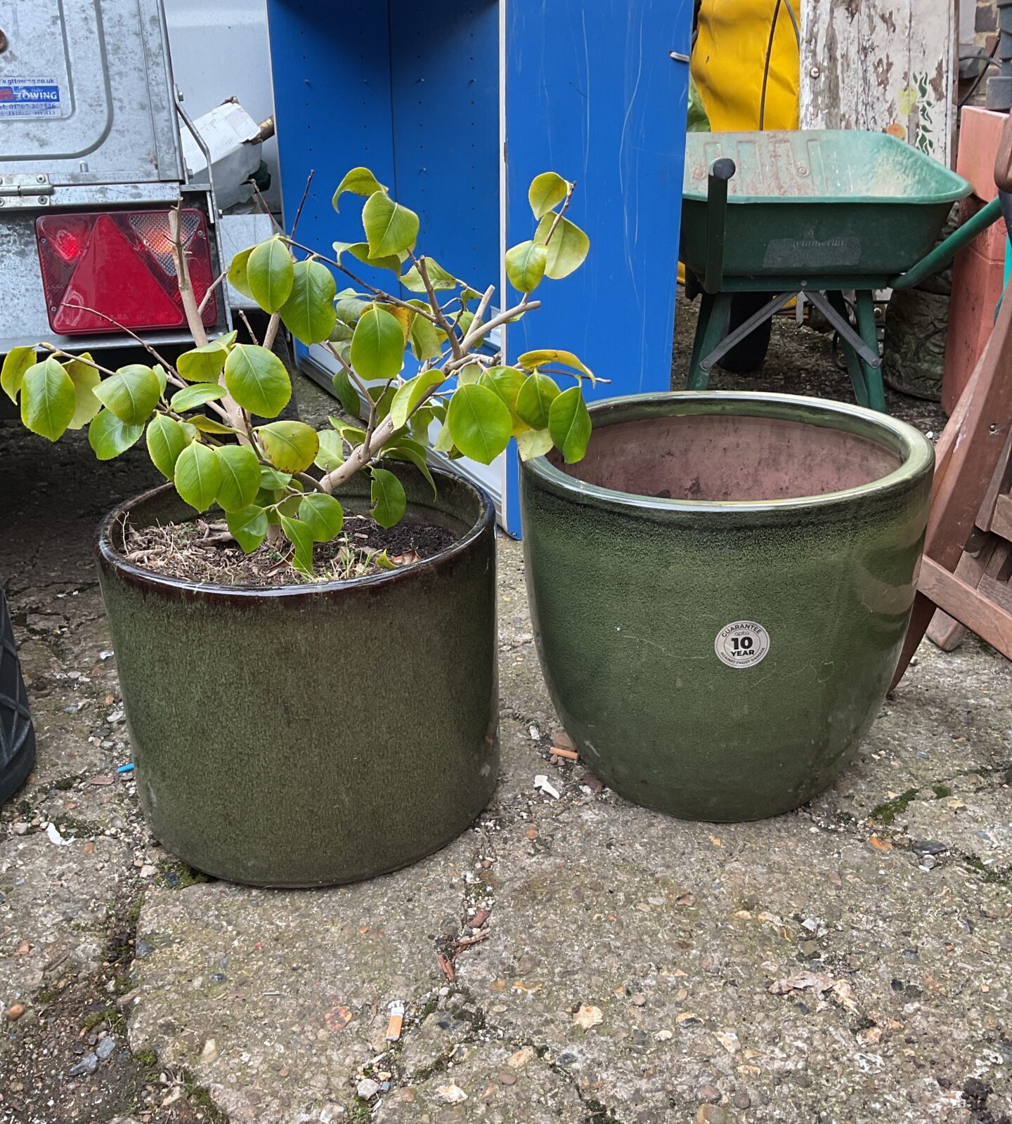 Two large green glazed planters