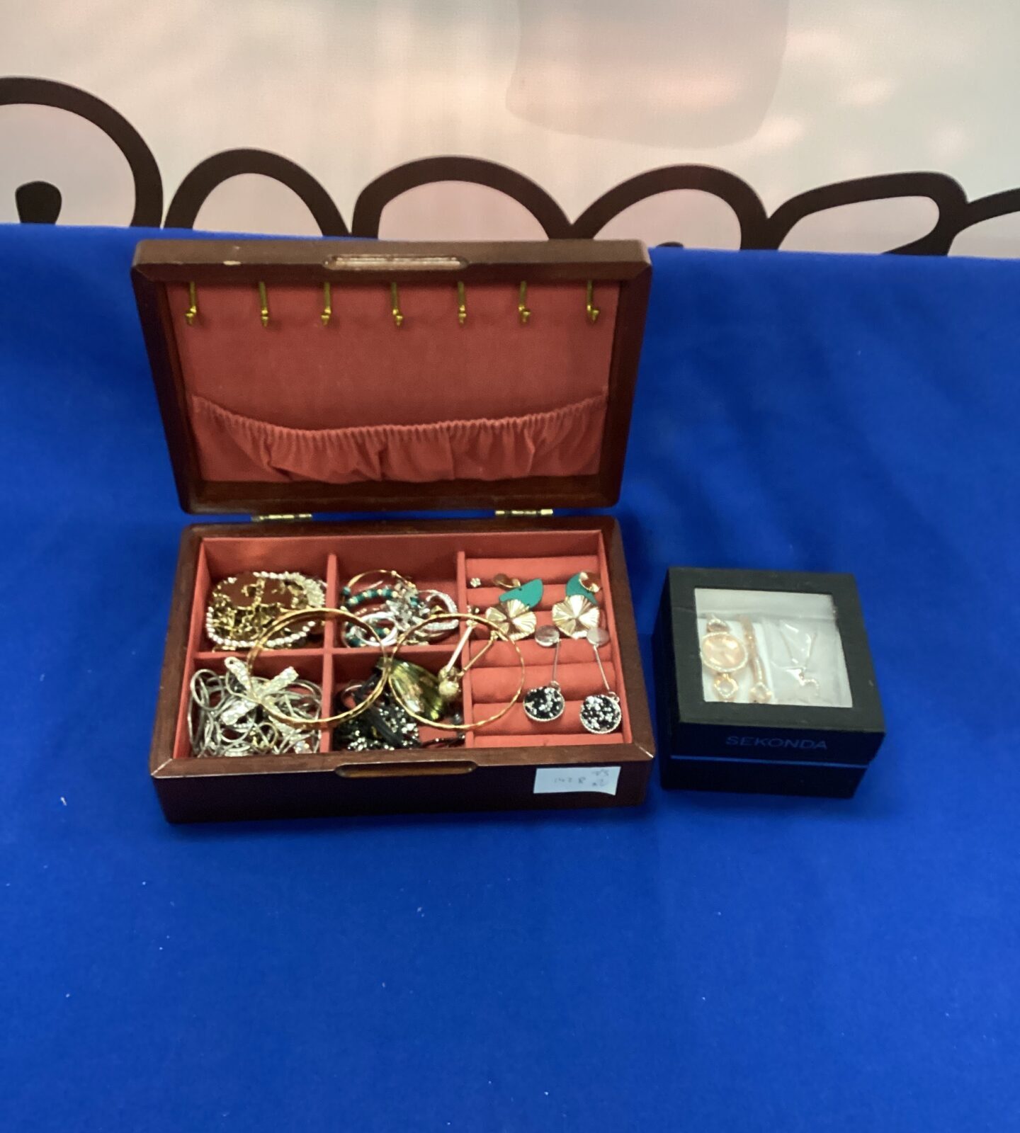 Jewellery Box with Costume jewellery contents with a Sekonda Watch set