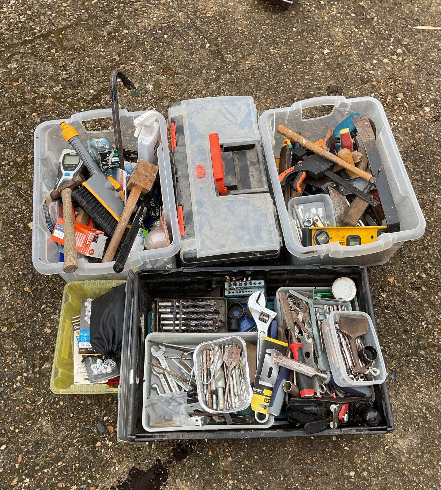 Four boxes of tools & hardware