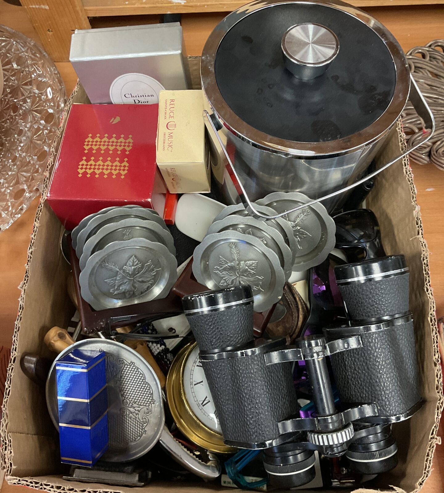 Box mixed items inc ice bucket, binoculars pewter dishes