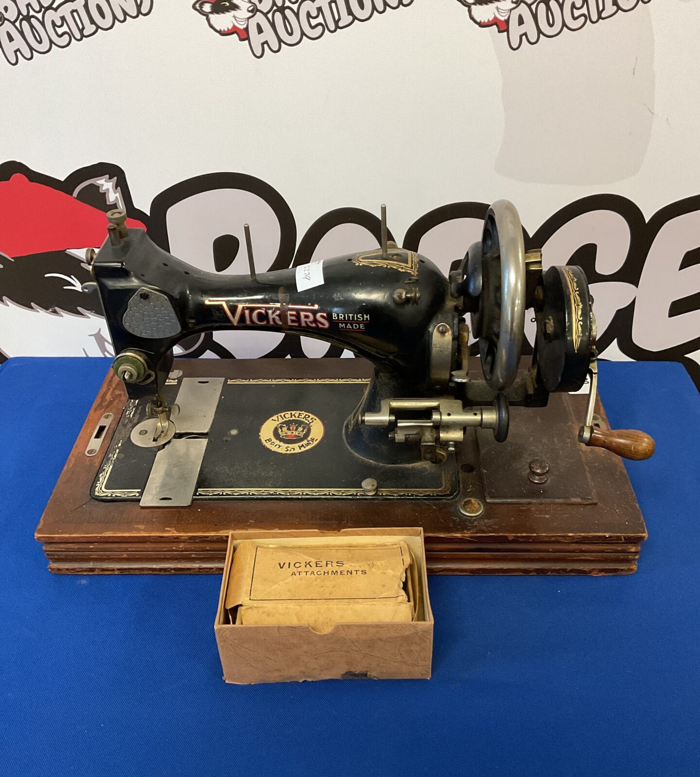 Vintage vickers hand cranked sewing machine with attachments
