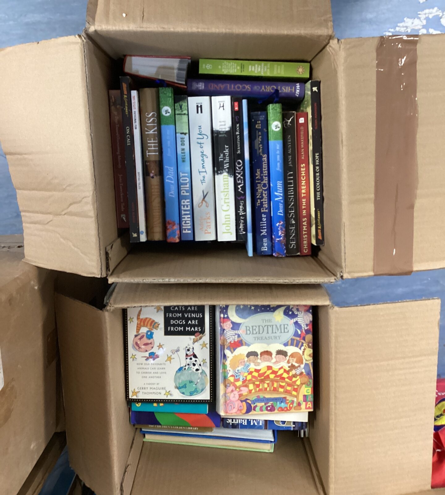 Two boxes full of kids books & fictional books inc the bedtime treasury & sense & sensibility