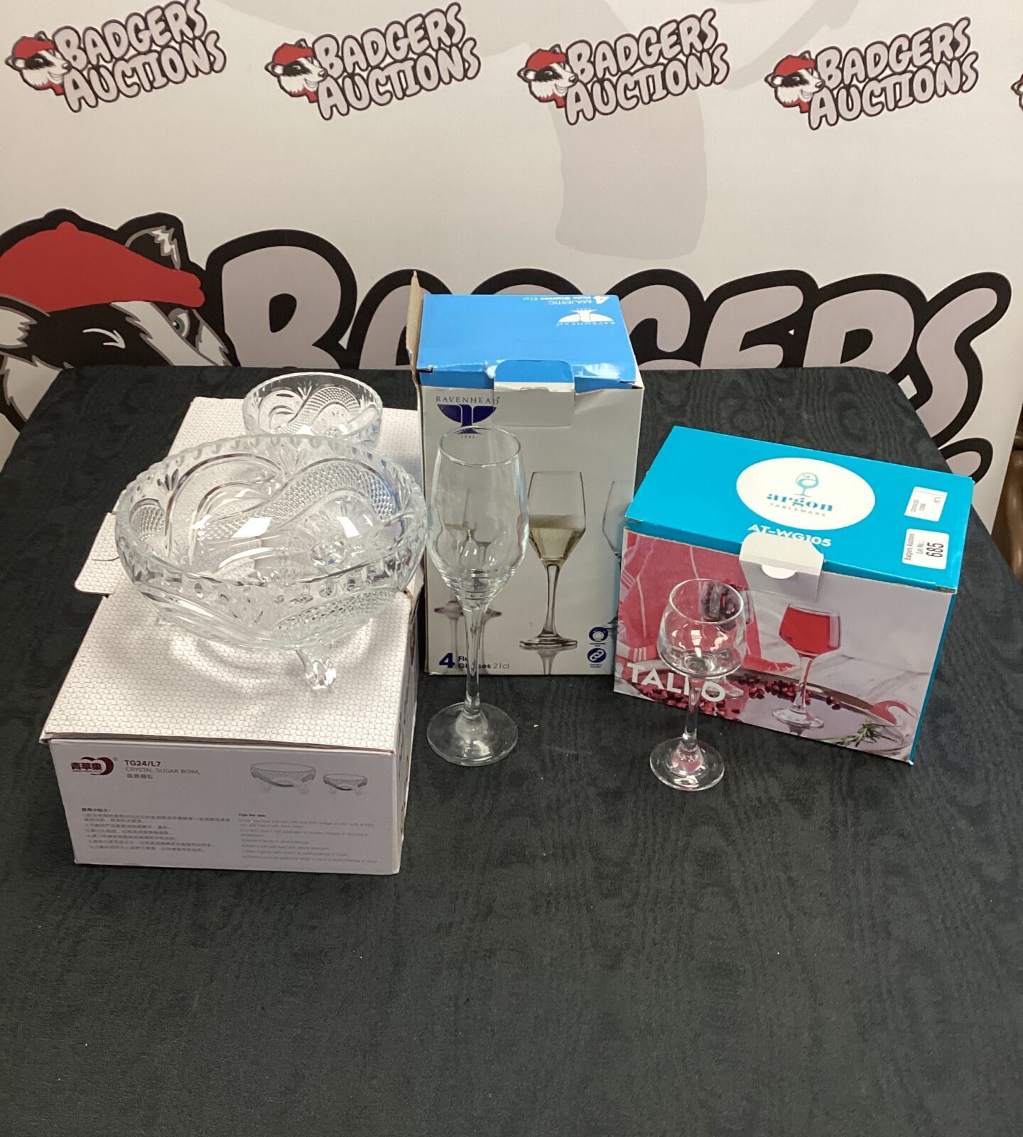 Three boxes of glassware inc deli glass crystal sugar bowls
