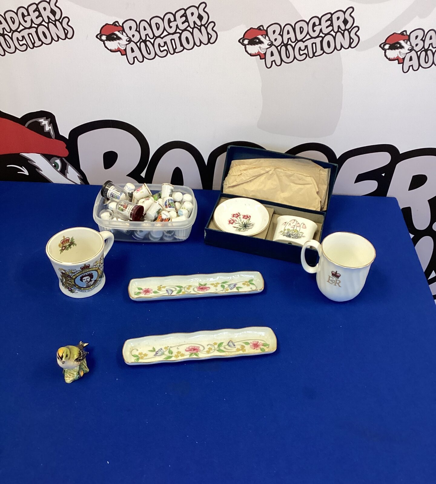 Collection of China thimbles and other items