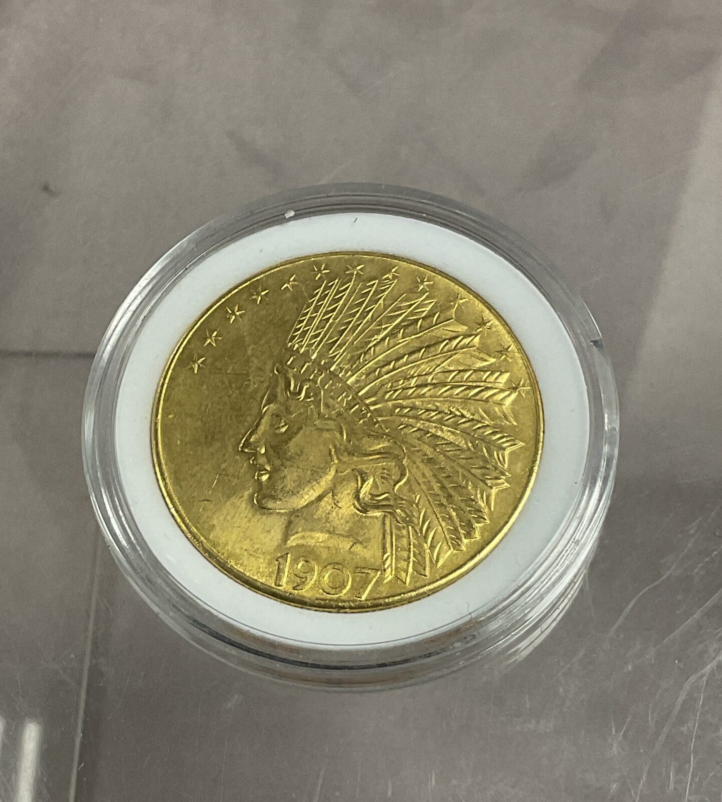 gold plated 1907 indian headed ten dollar coin