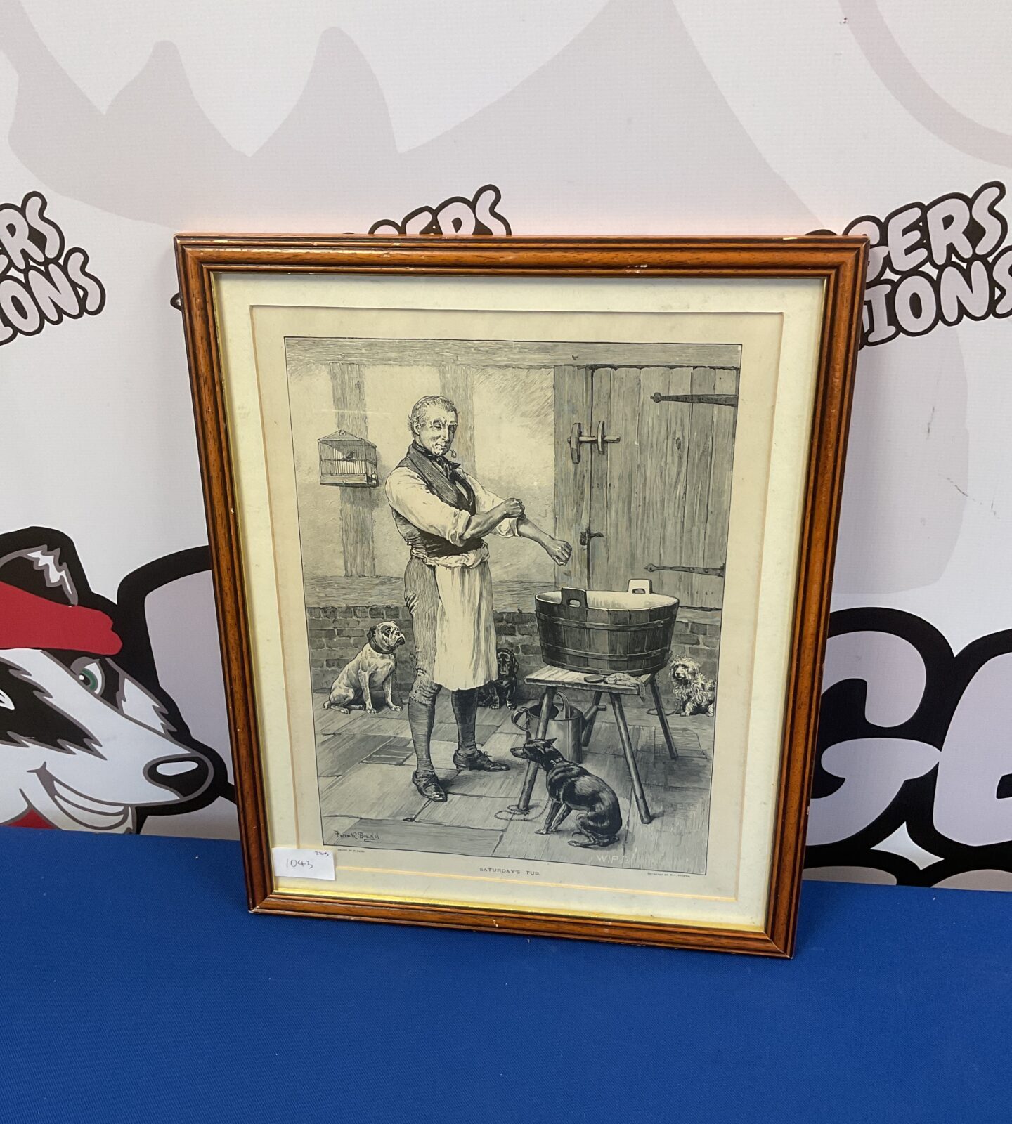 W j palmer frank dudd engraving of man & dogs titled saturdays tub
