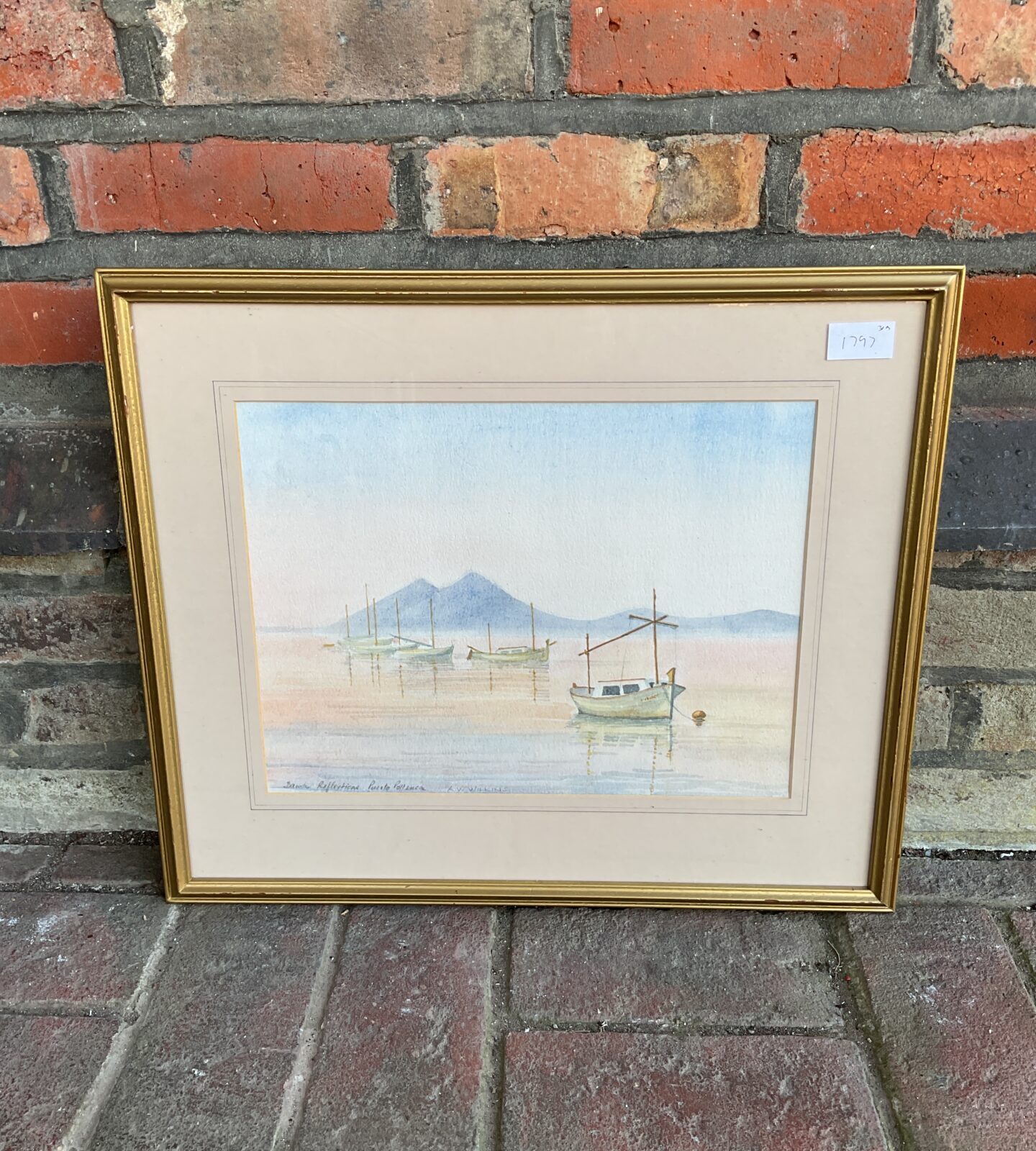 A w wilkins framed watercolour titled dawson reflextions Puerto pollenca of fishing boats