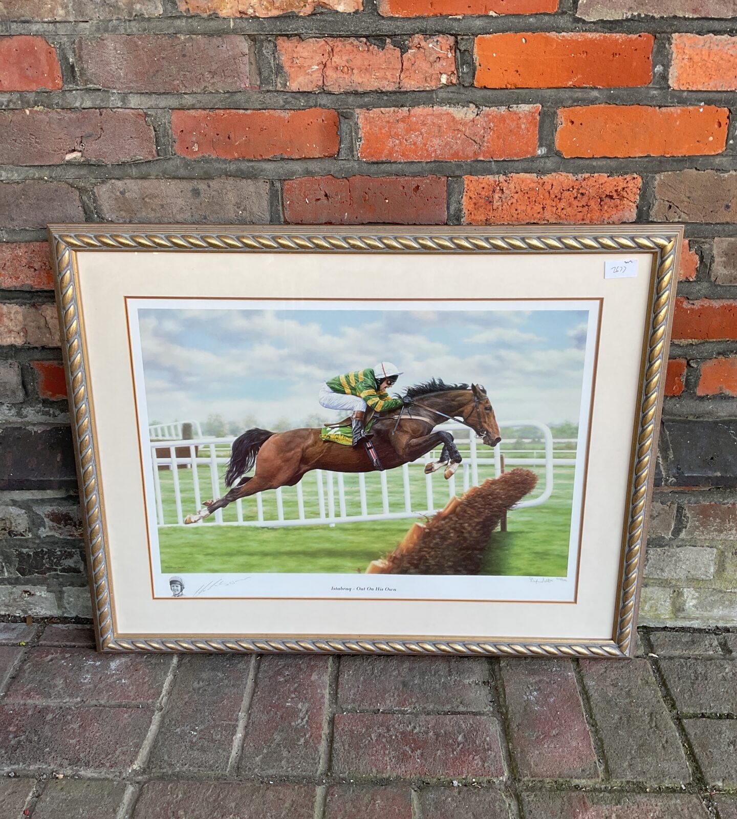 Stephen smith signed limited edition istabraq horse racing print titled out on his own signed by jockey charlie swan
