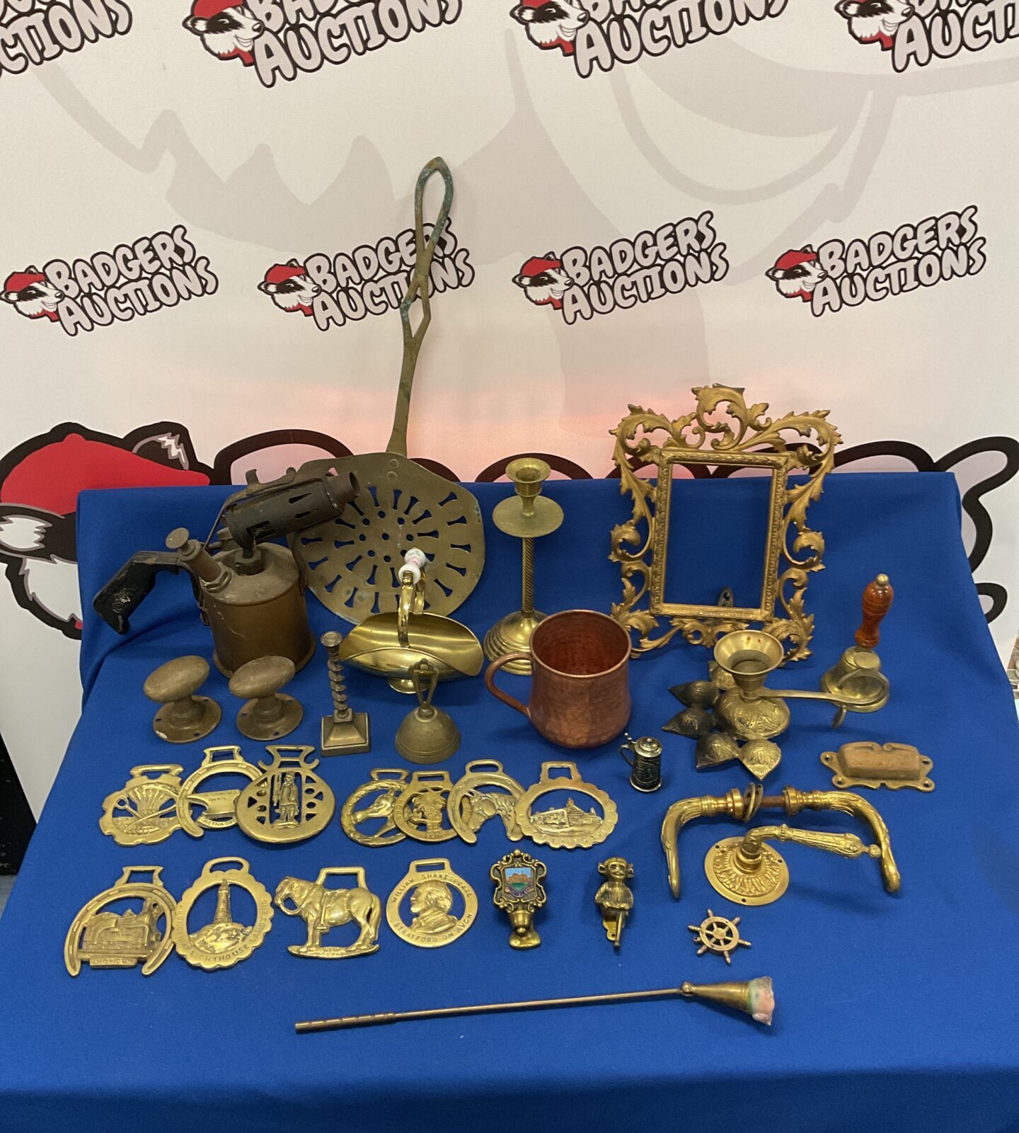 Box of brassware including blowtorch & copper tankard