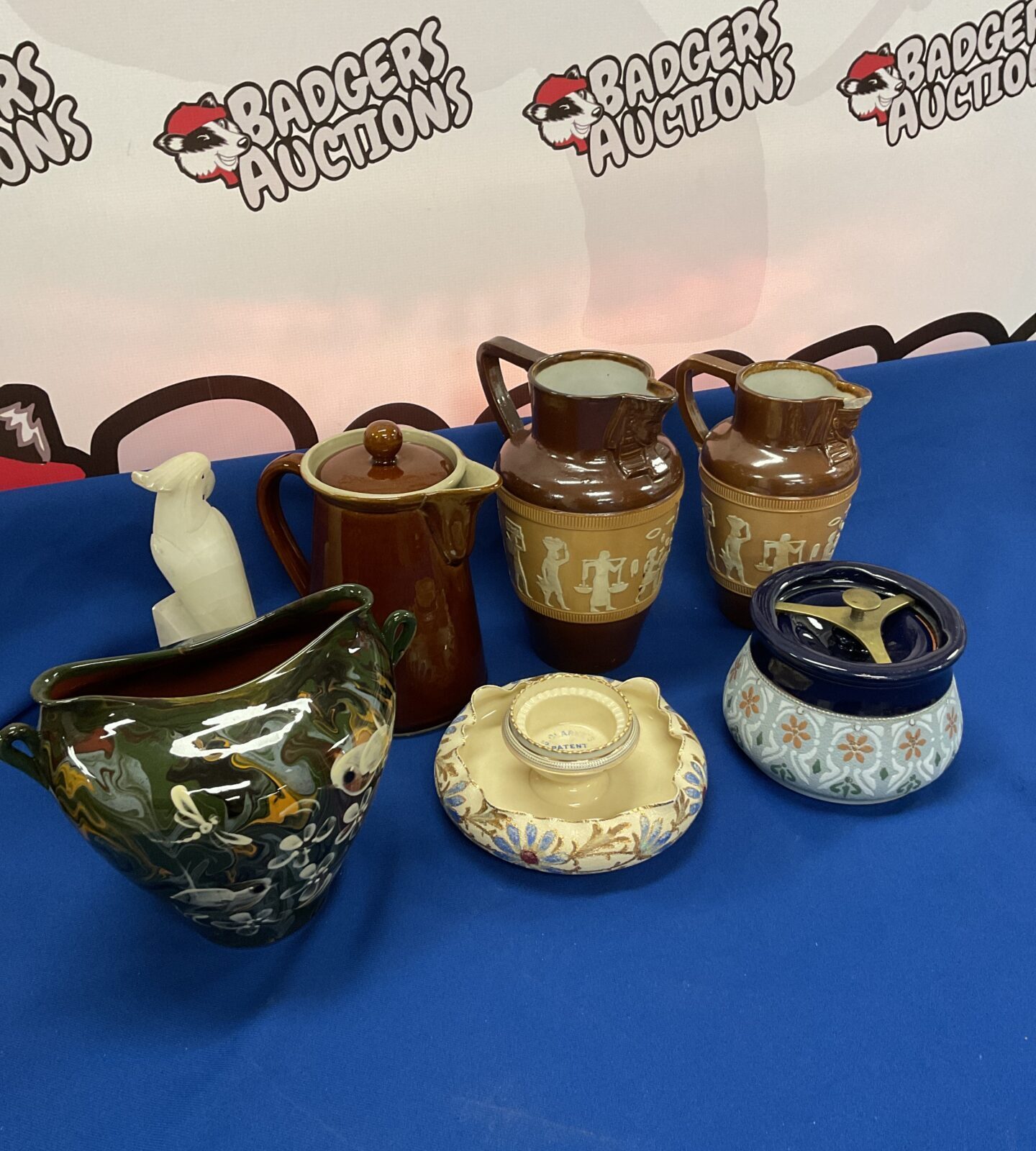 Royal doulton lambeth ware jugs, denby coffee pot, tobacco jar & somerset pottery jug