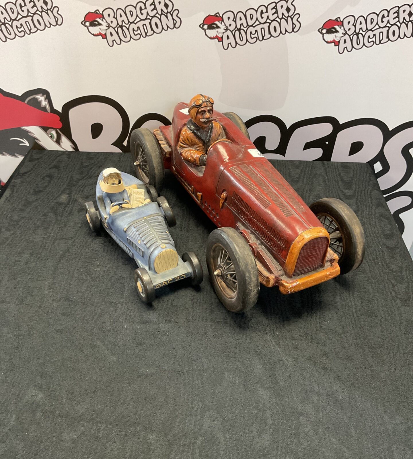 Vintage Handmade stoneware pottery ann and jhon farquharson 1926 bugatti pottery model and Vintage Large fibreglass bugatti model (small chip)