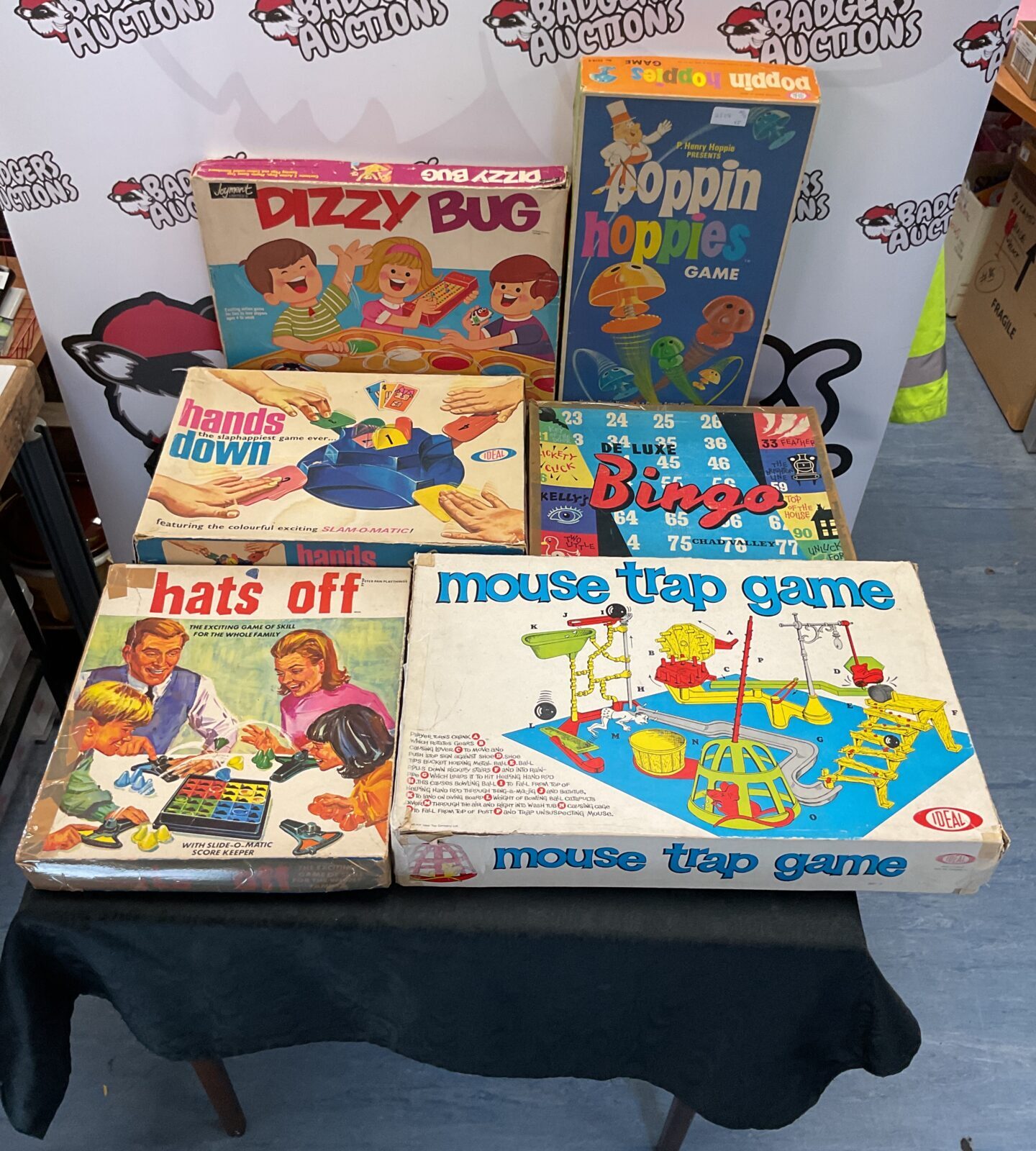 Selection of vintage board games inc ideal mouse trap game and ideal poppin hoppies game