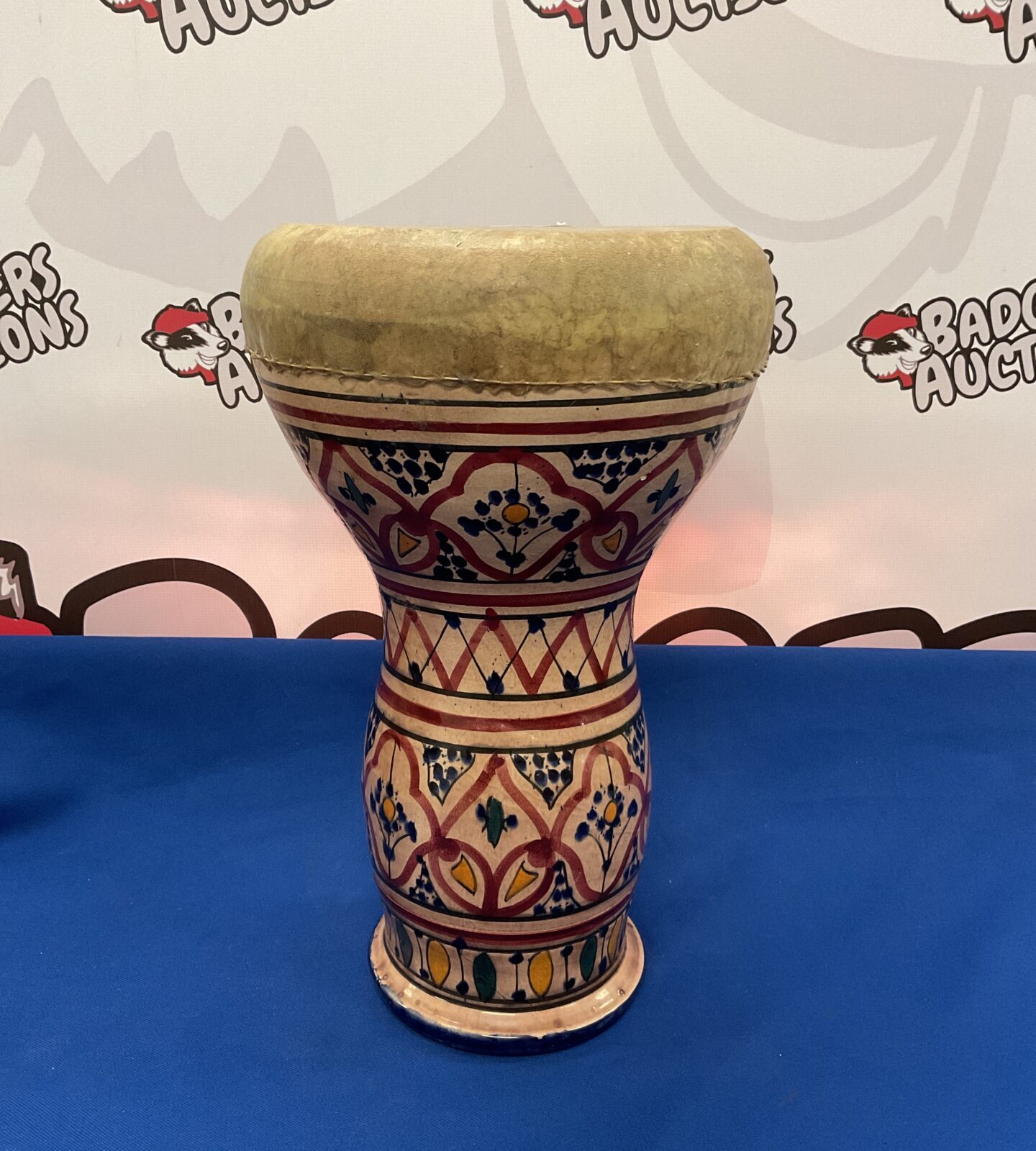 Vintage terracotta pottery bongo drum 15.5” tall
