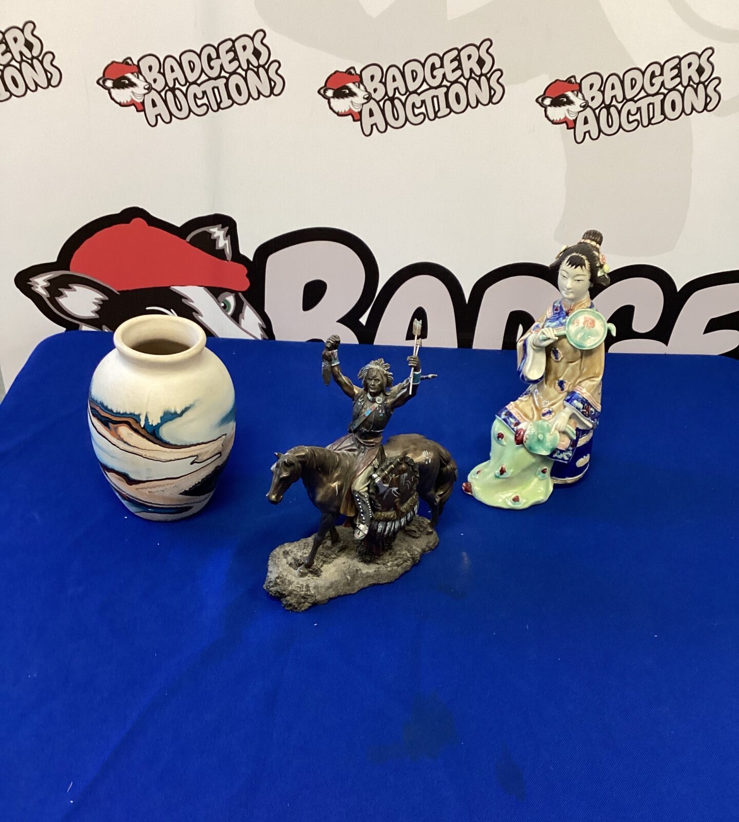 Resin Native American Figurine plus a vase and porcelain Chinese Lady figure