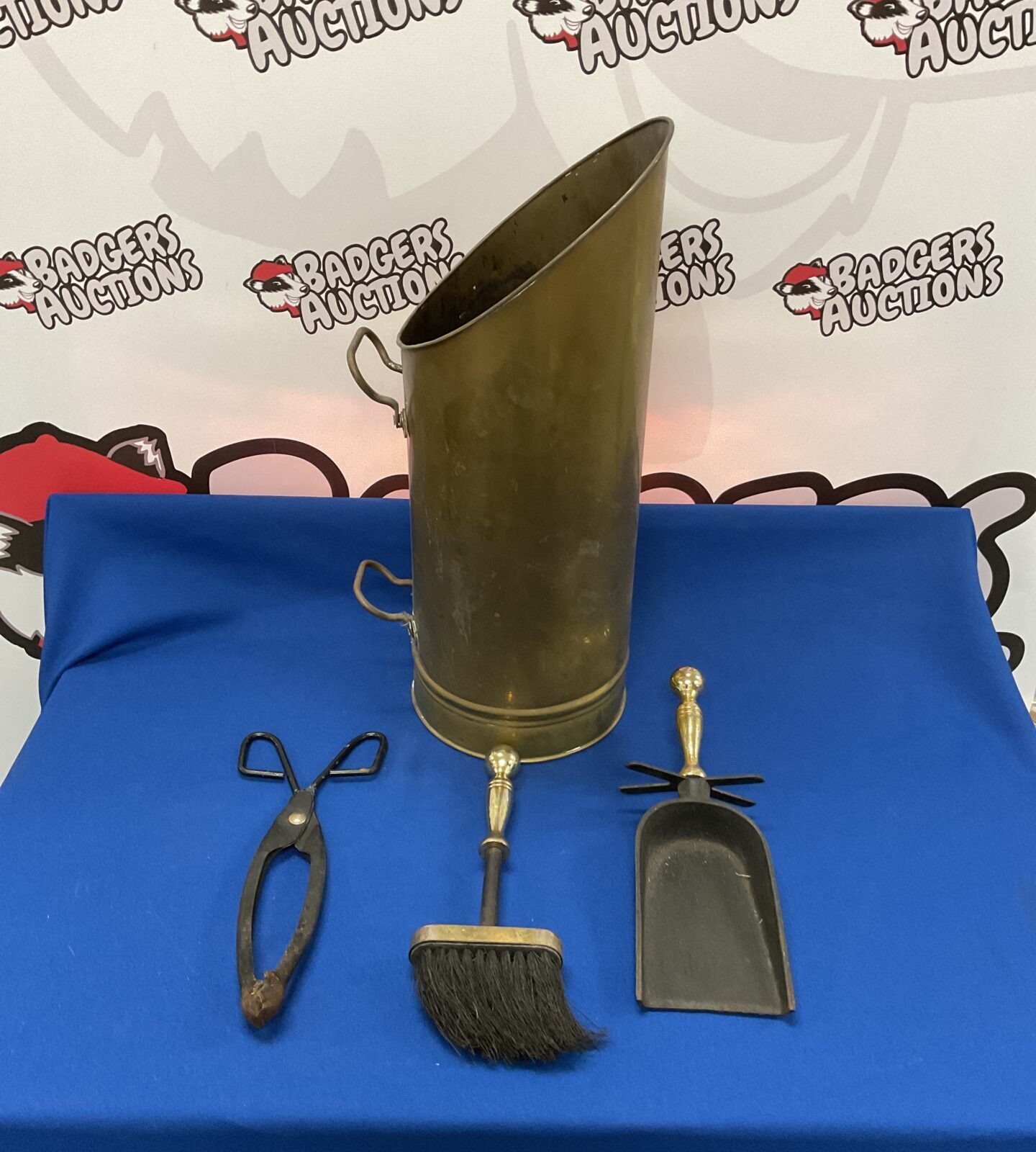 Vintage brass coal scuttle with fireplace tools