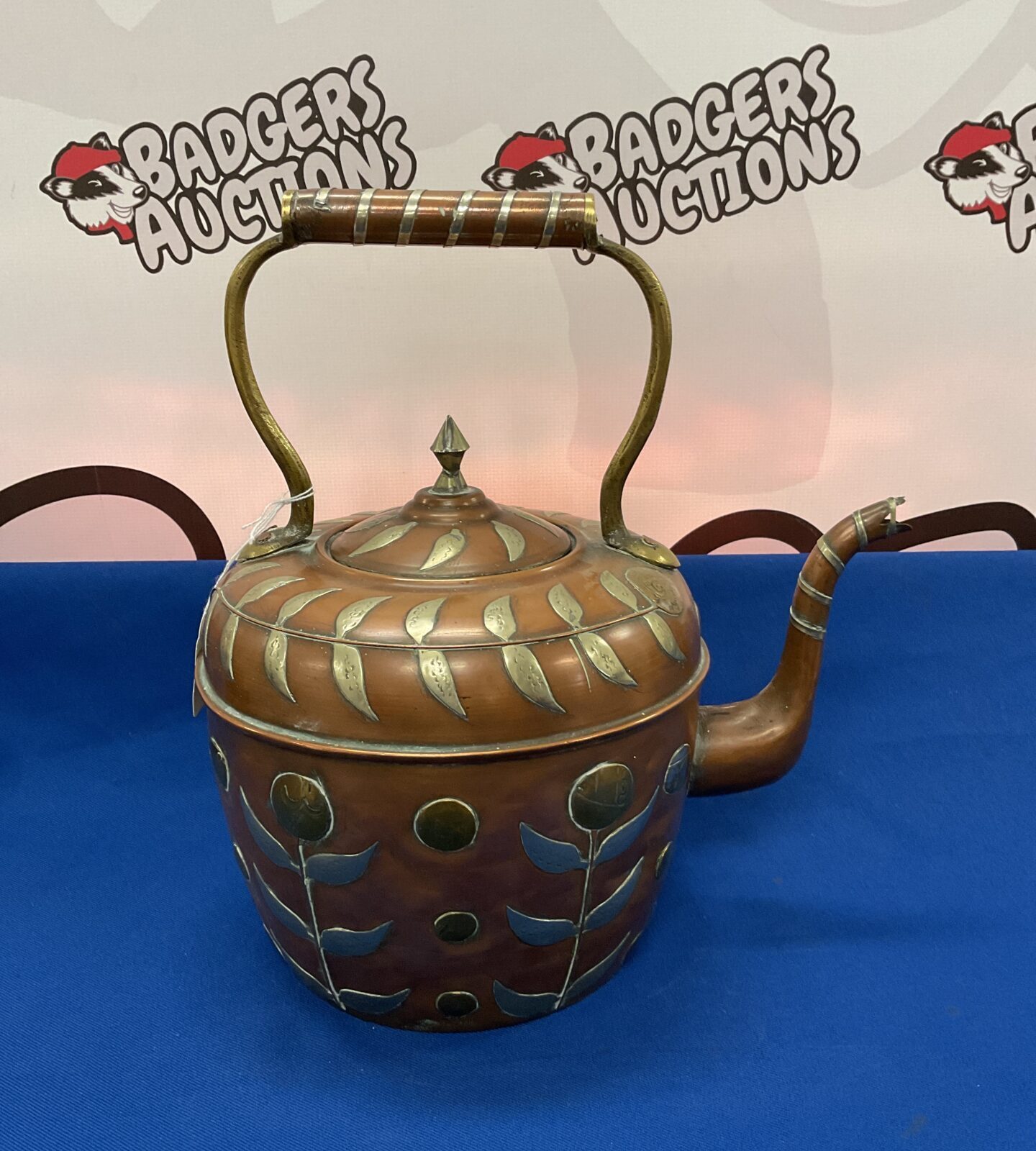 Victorian simma arts & crafts copper kettle with inlaid silver & brass details