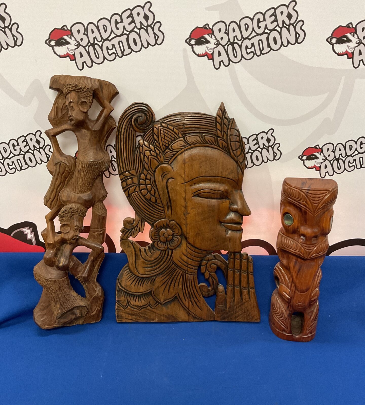 Carved African hardwood figure, South african totem & Indonesian wall hanging bust