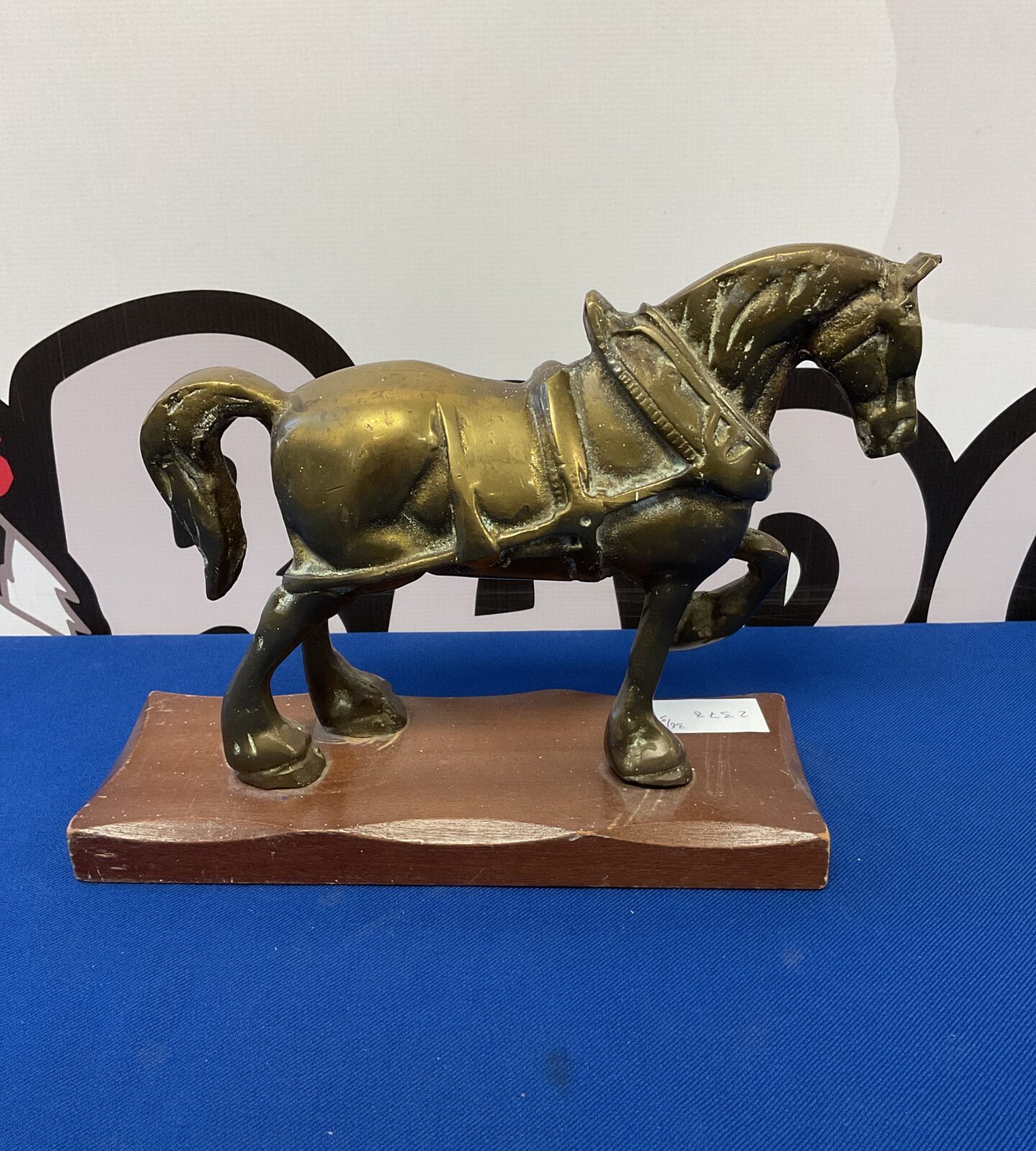 Vintage heavy cast brass shire horse on wooden base
