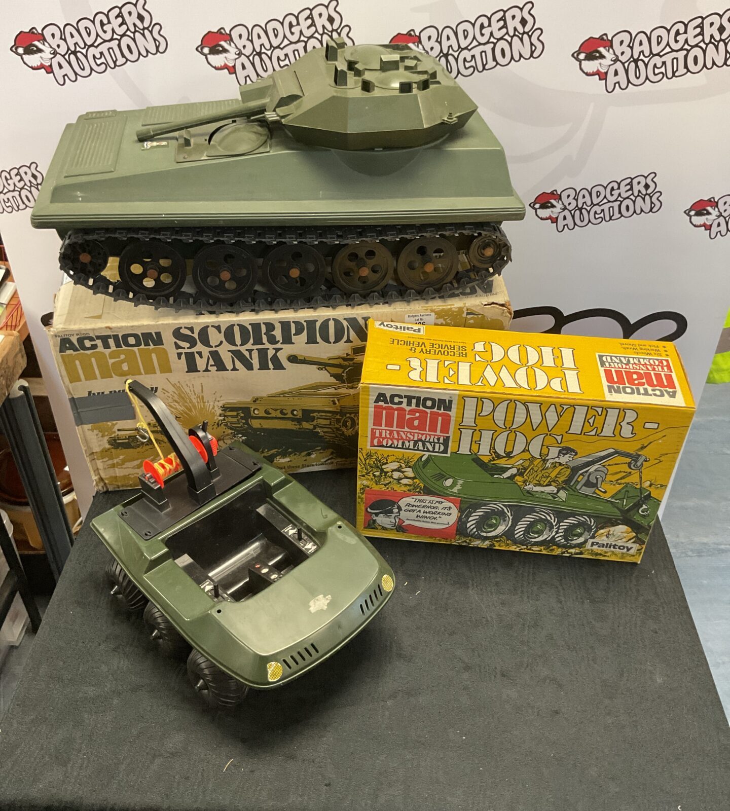 Two Vintage Boxed Palitoy Action man vehicles inc Scorpion Tank And Transport Command Power-Hog