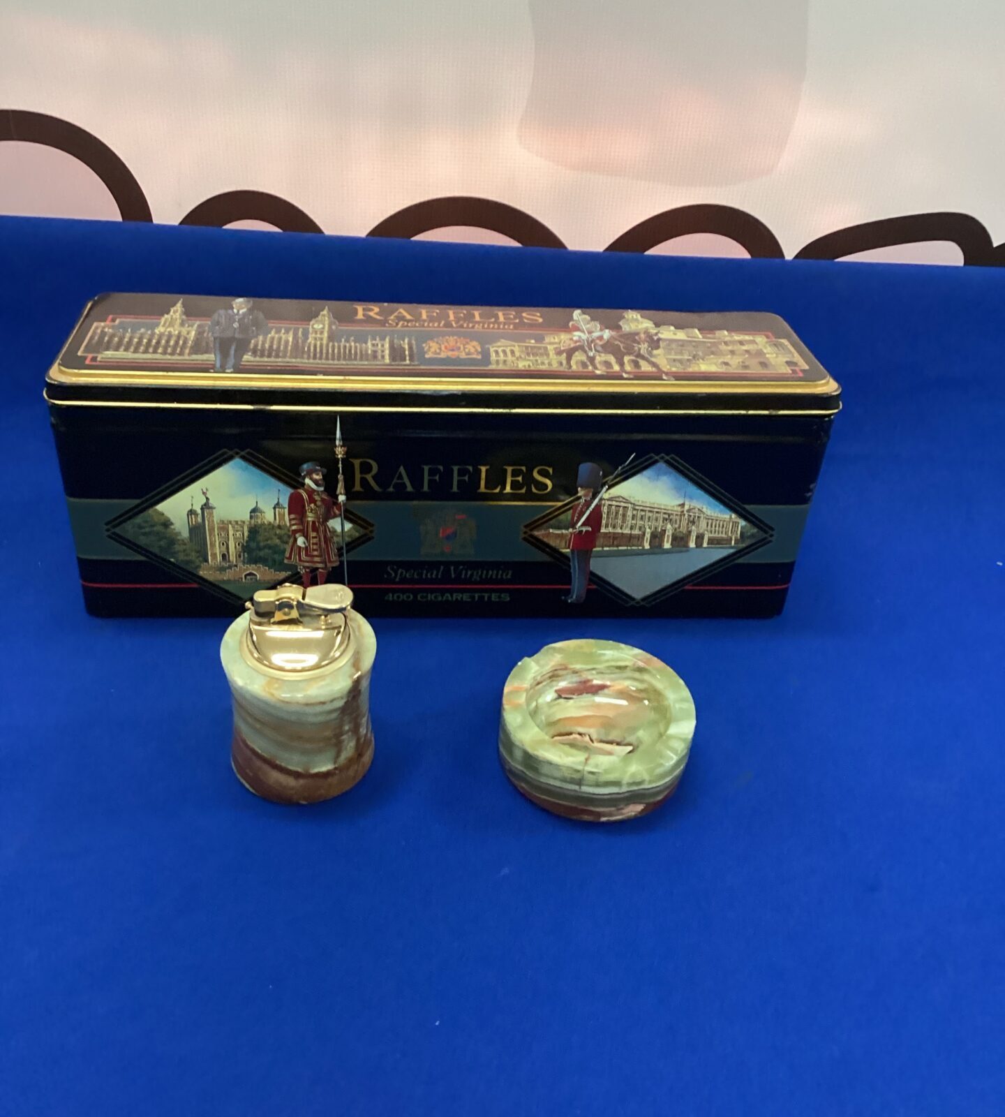 Onyx Lighter and ash tray with Raffles Cigarette Tin