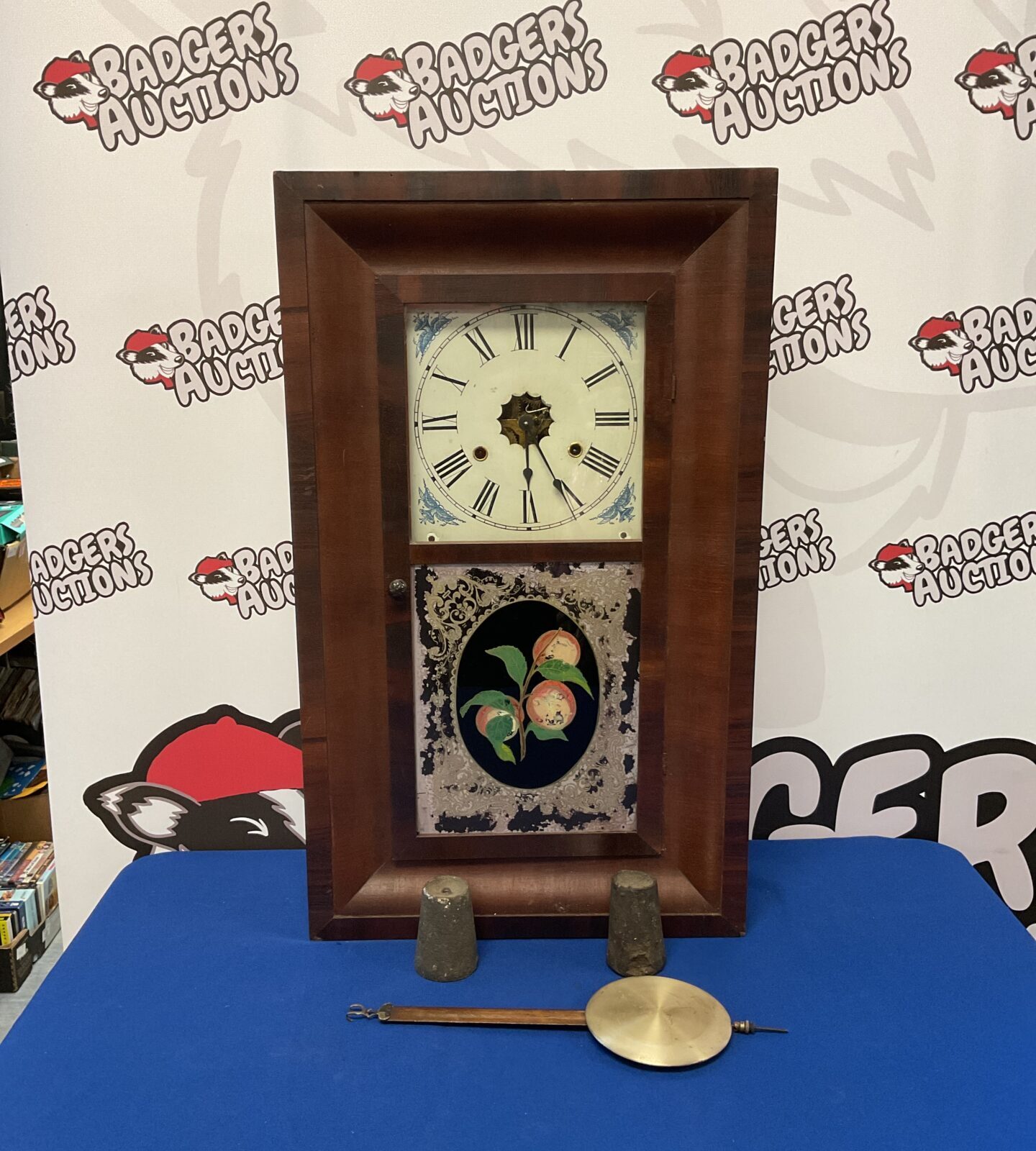 Jerome & co American 30 hour glass fronted clock with pendulum & weights