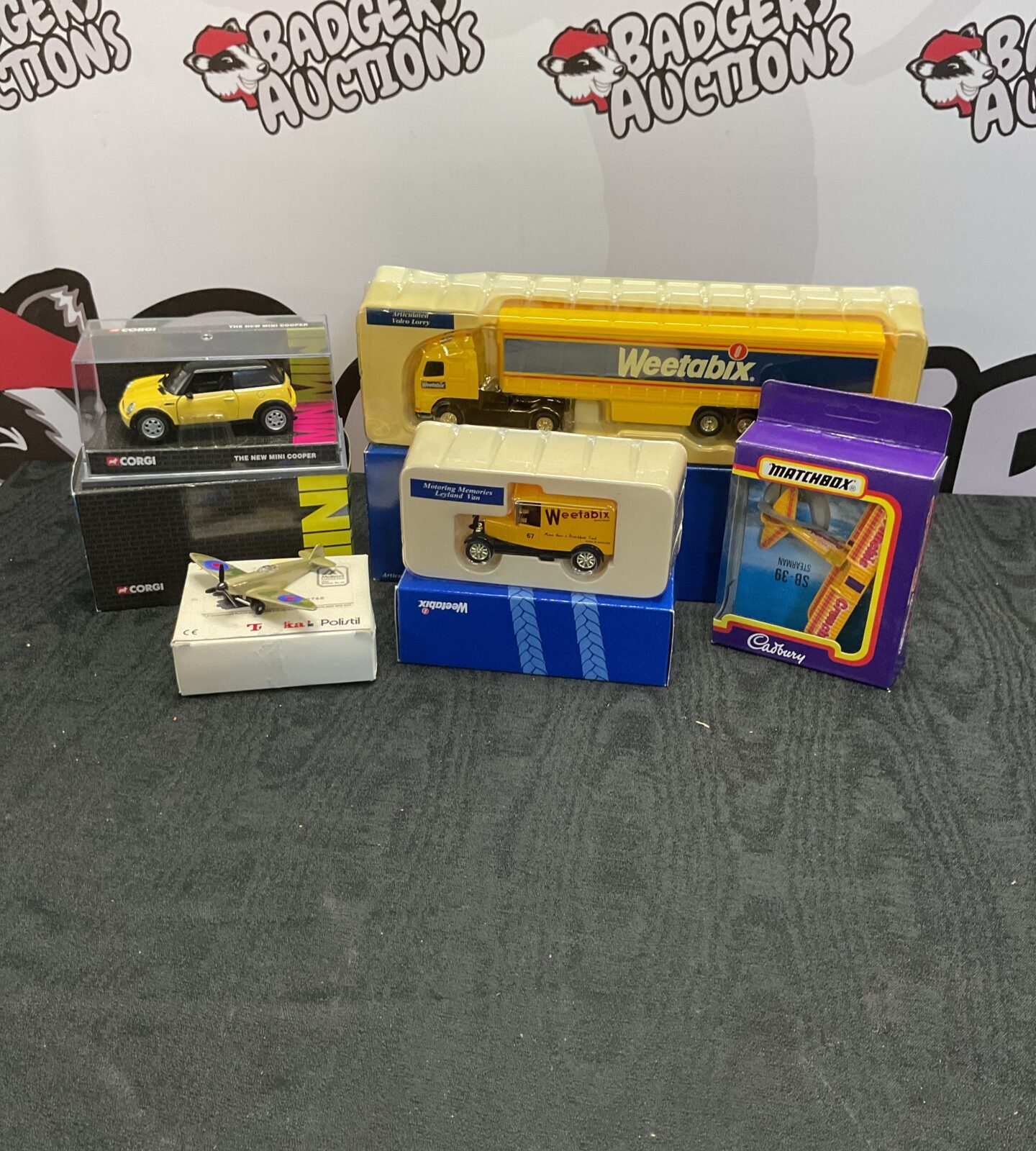 Selection of boxed diecast models inc corgi, Tonka Spitfire, vintage matchbox sb39 stearman and weetabix