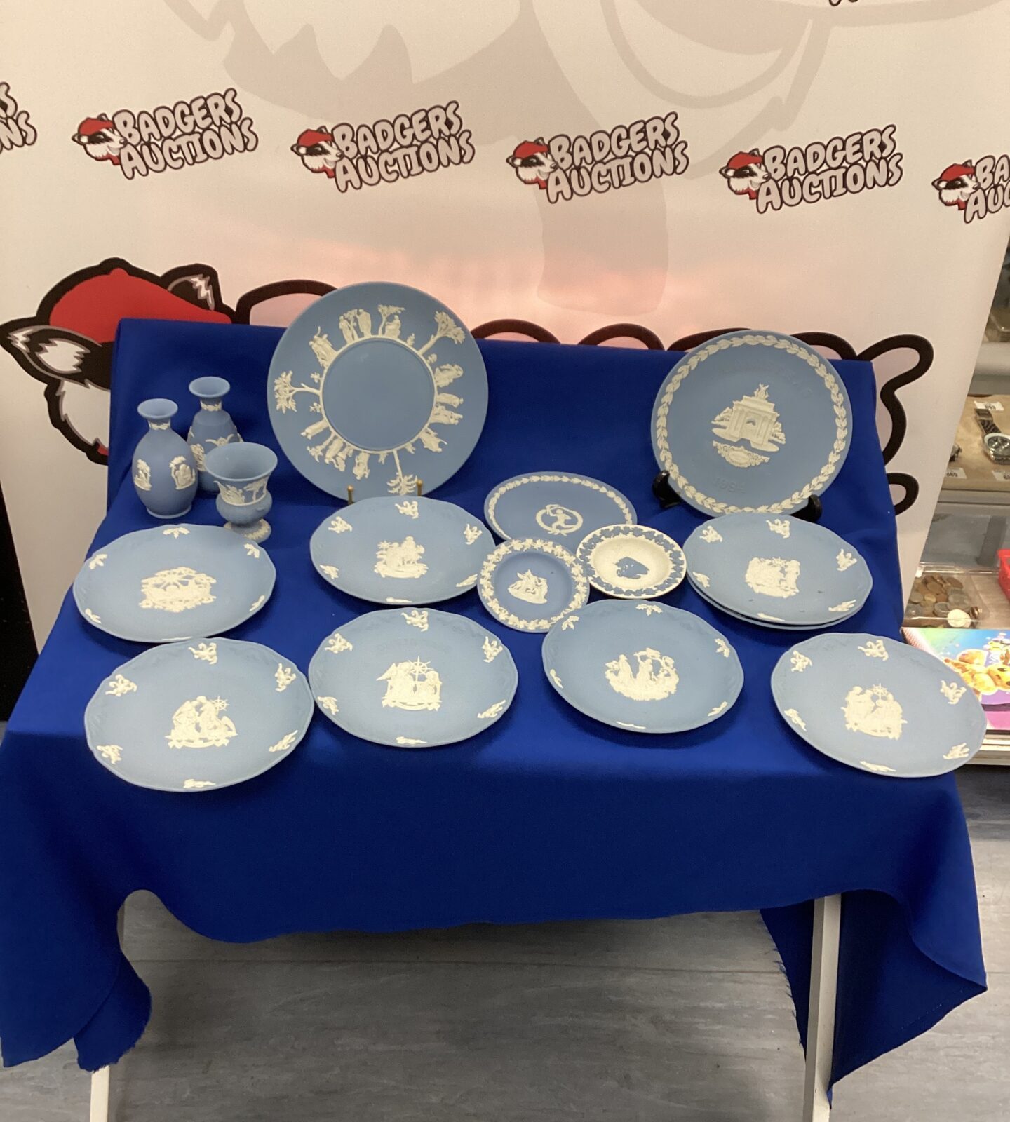 Selection of Blue and white Wedgewood jasperware Christmas Plates and other items
