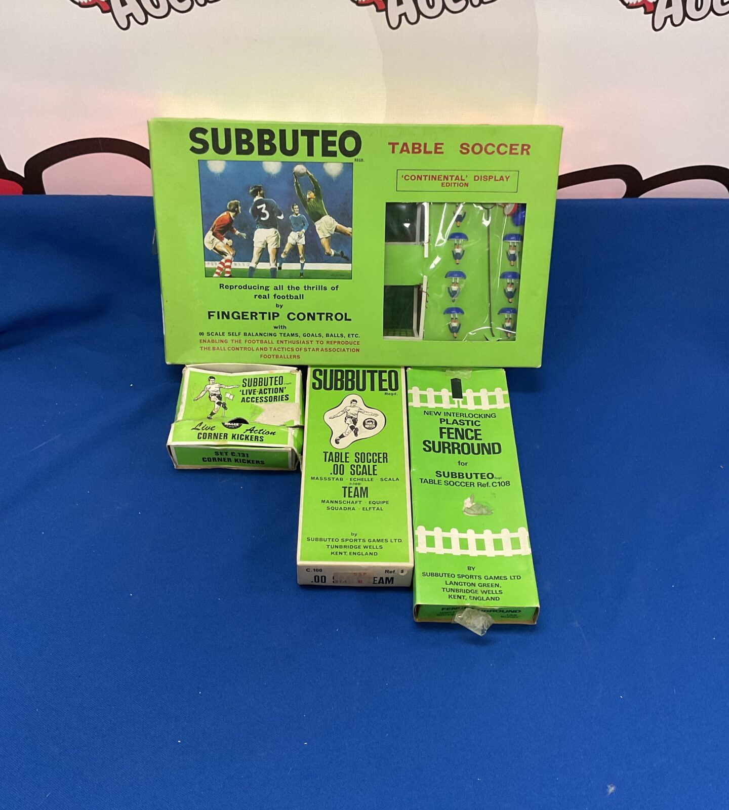 Vintage boxed subbuteo sets inc continental display edition, fence surround and team