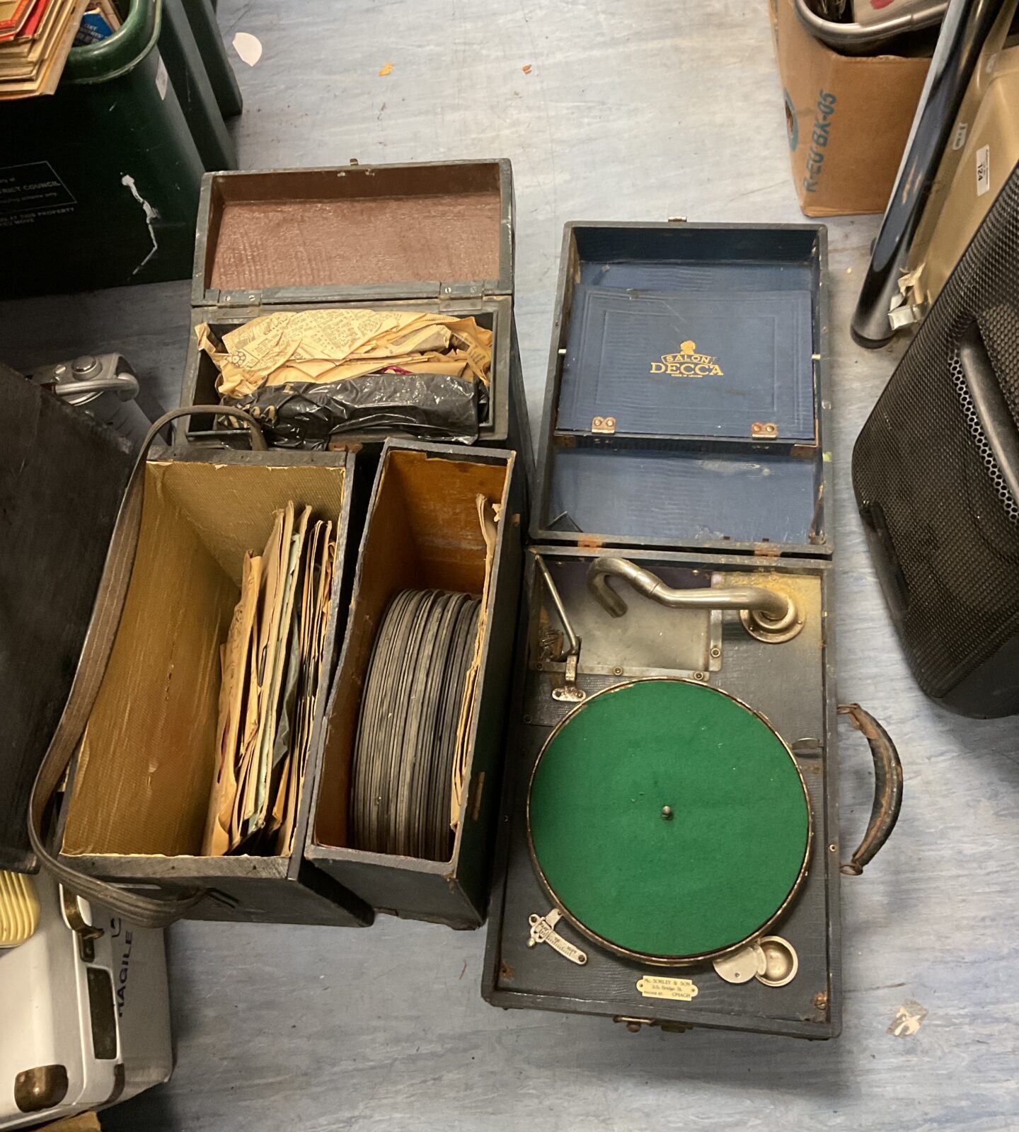 Salon decca gramophone with three boxes of records
