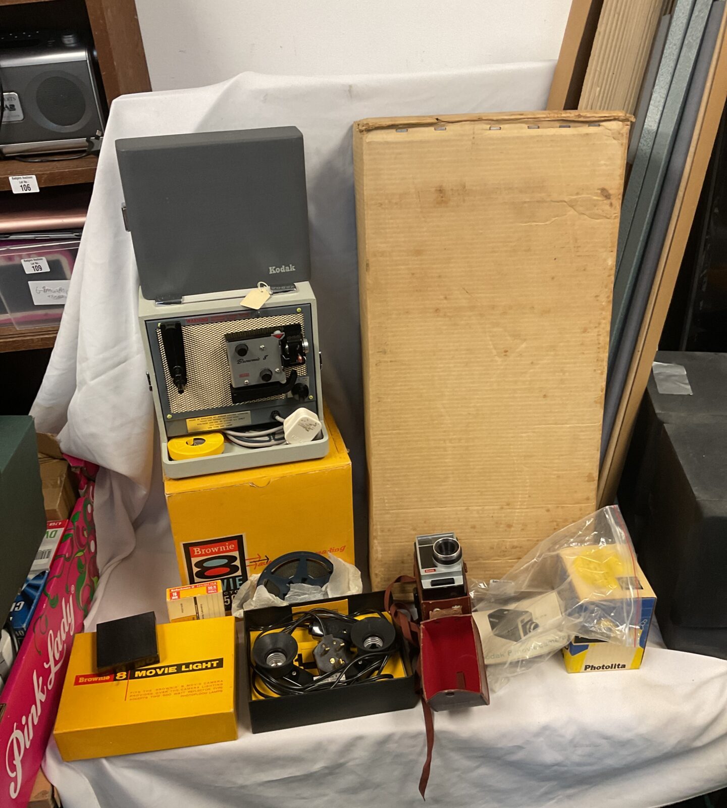 Kodak 8 movie camera with brownie 8 projector, screen & table