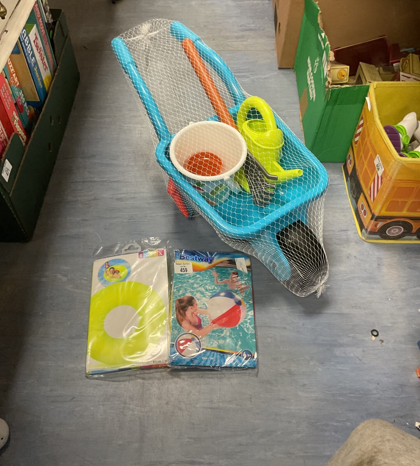 Childrens Plastic Wheelbarrow And Tools And Pool Items