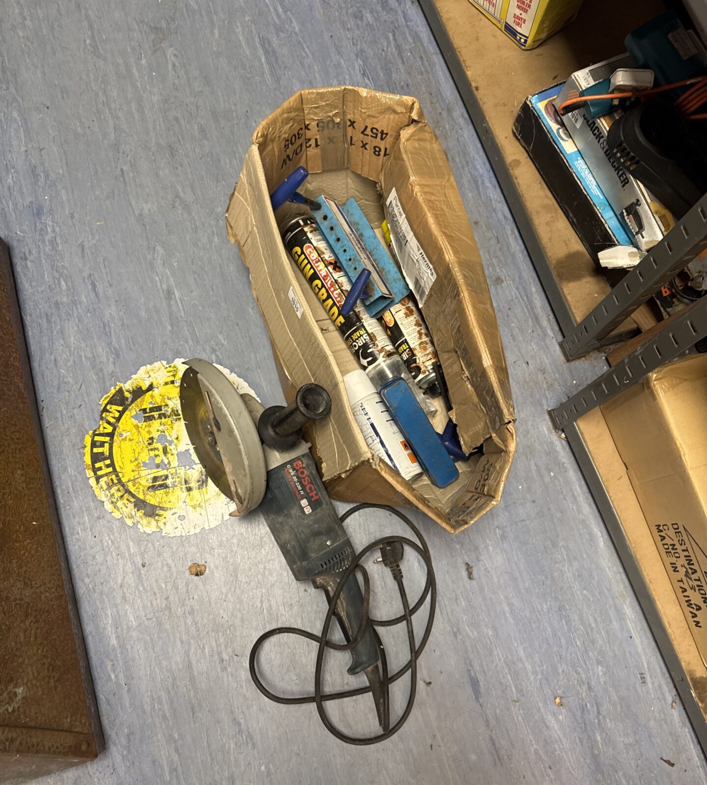 Box of shed clearance items with a large Bosch gws 2-230 h disc cutter (working)