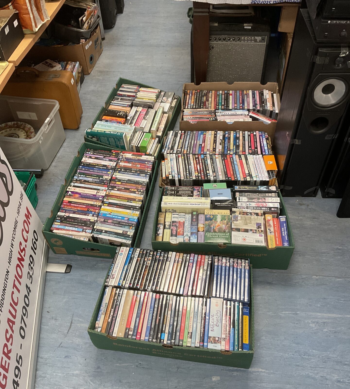 Six trays of music cds, cassettes & dvds