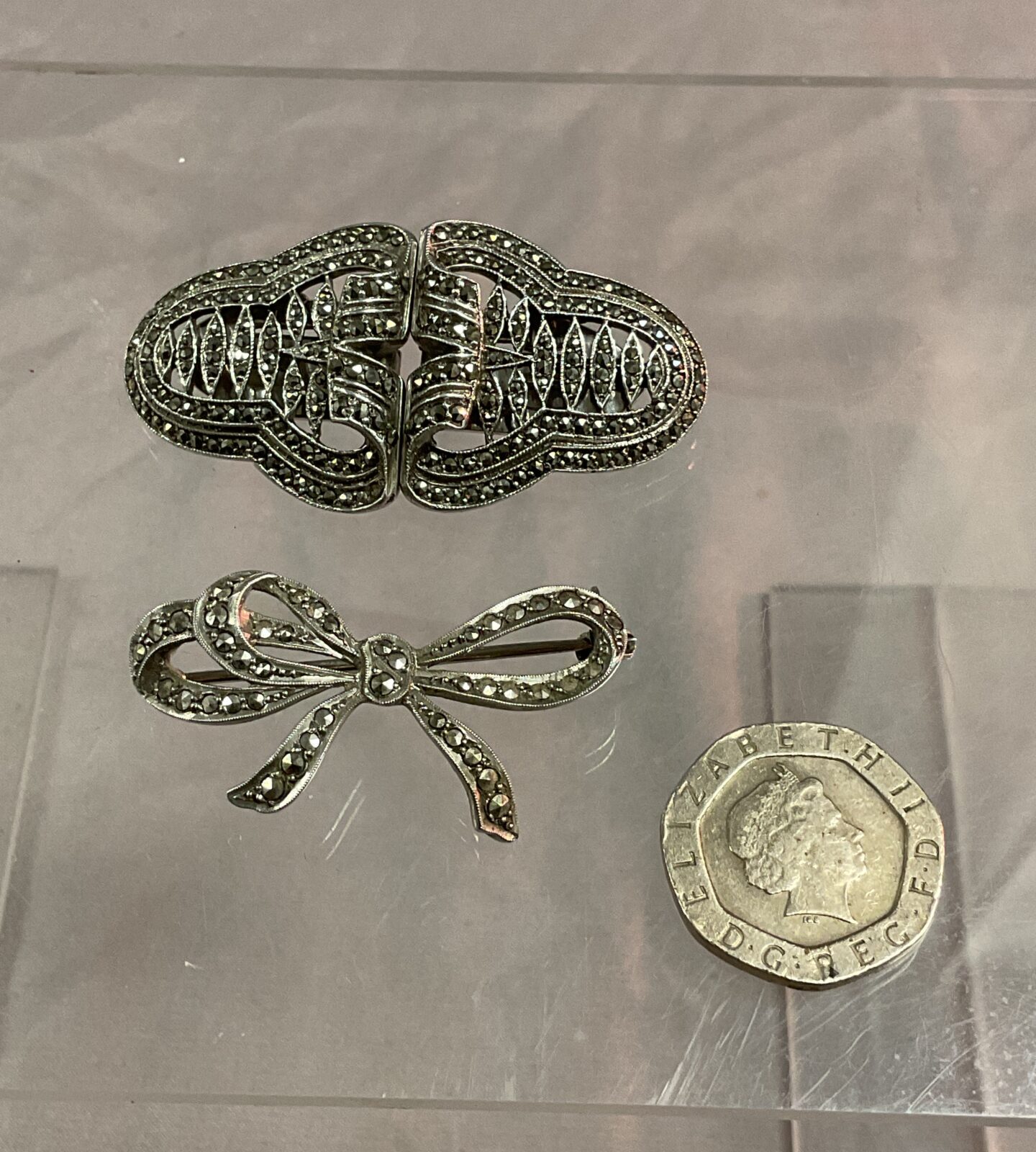 925 Silver Marcasite Bow Brooch and Marcasite earring/ Brooch