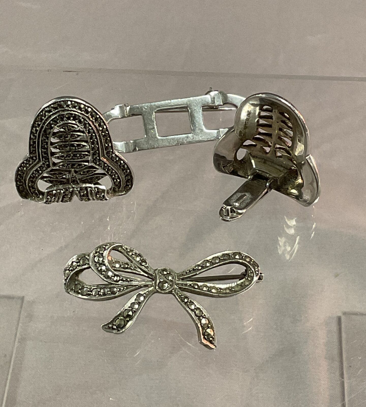 925 Silver Marcasite Bow Brooch and Marcasite earring/ Brooch - Image 2