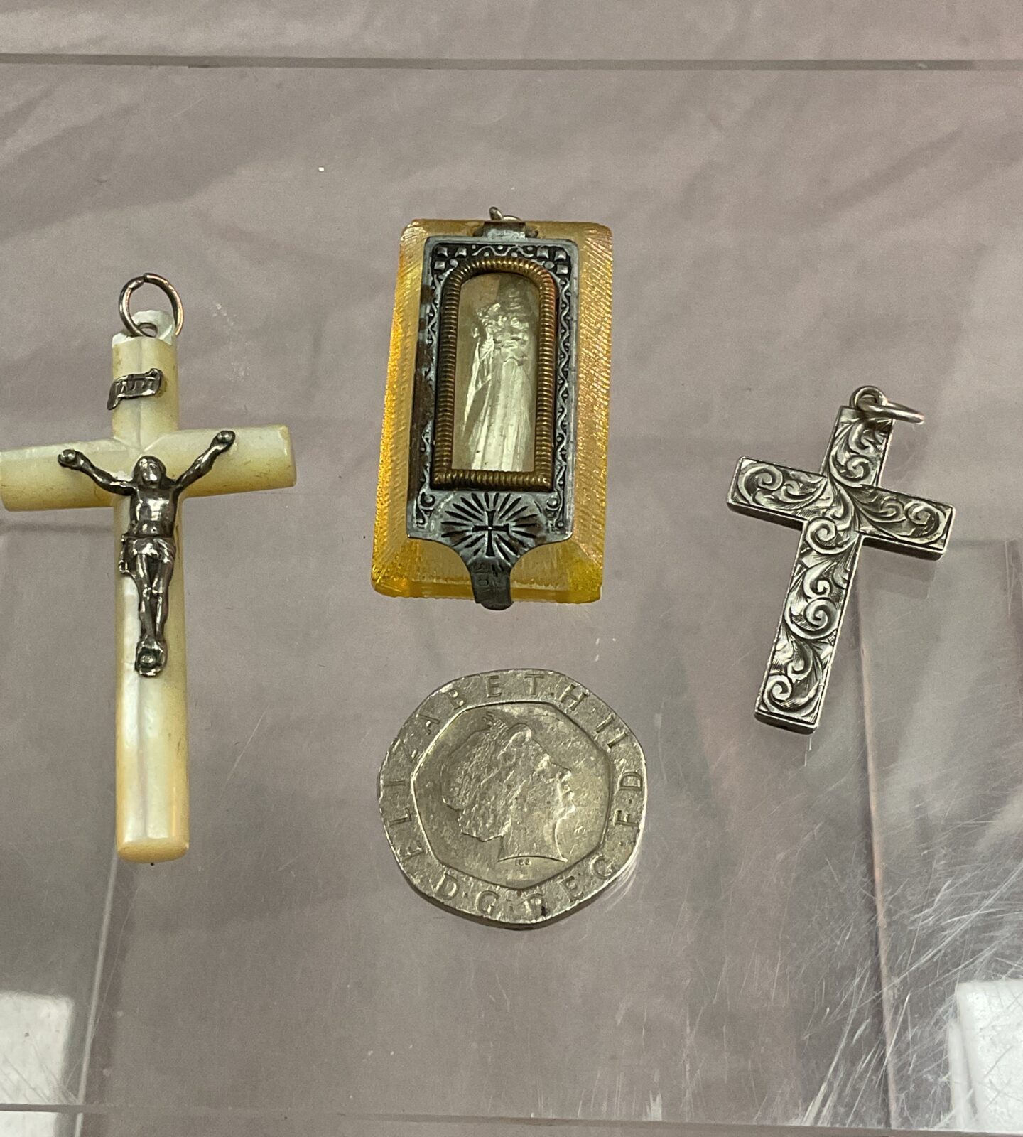 Mother of Pearl crucifix silver crucifix and lucite pendant with Mary figure