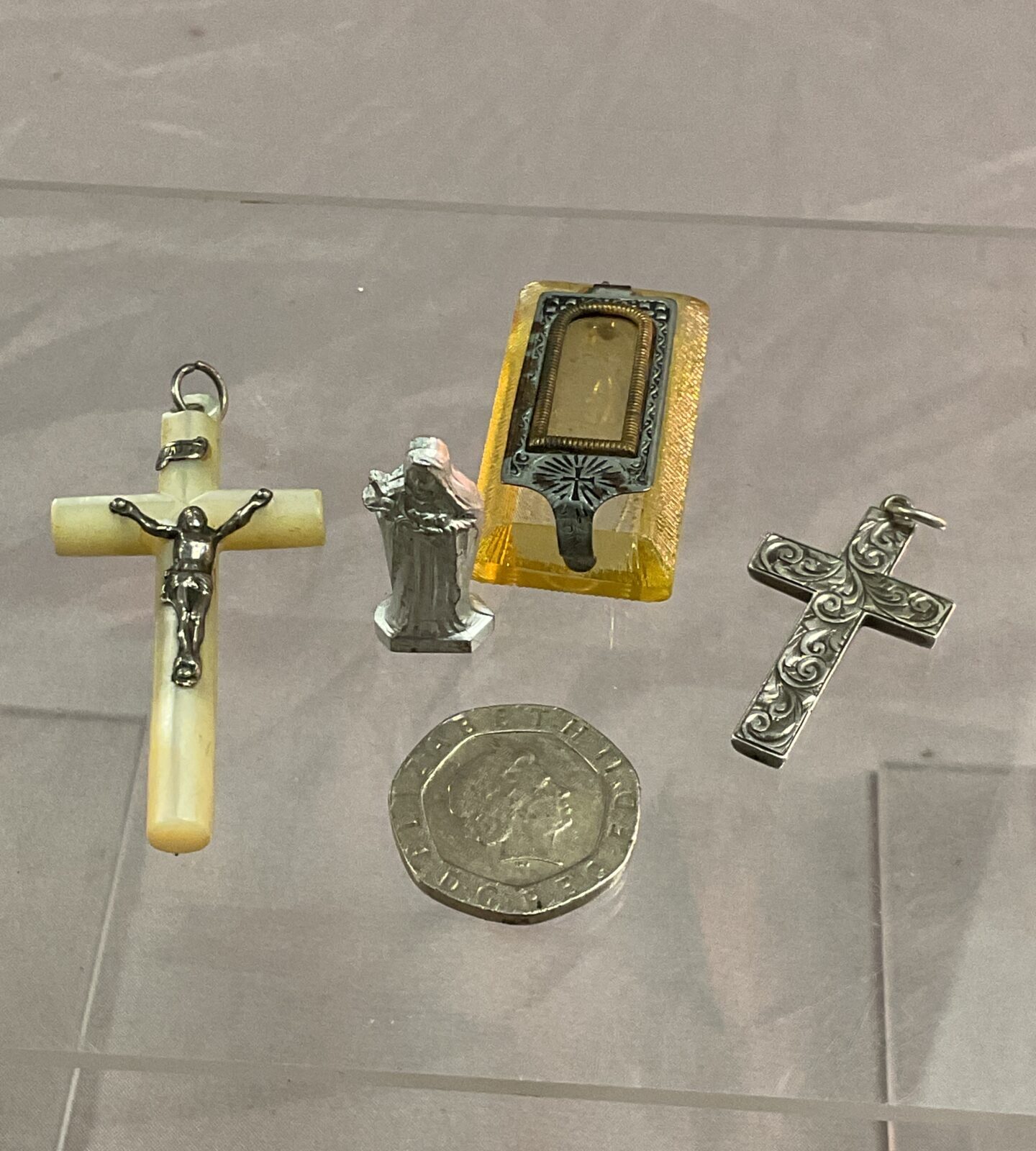Mother of Pearl crucifix silver crucifix and lucite pendant with Mary figure - Image 2