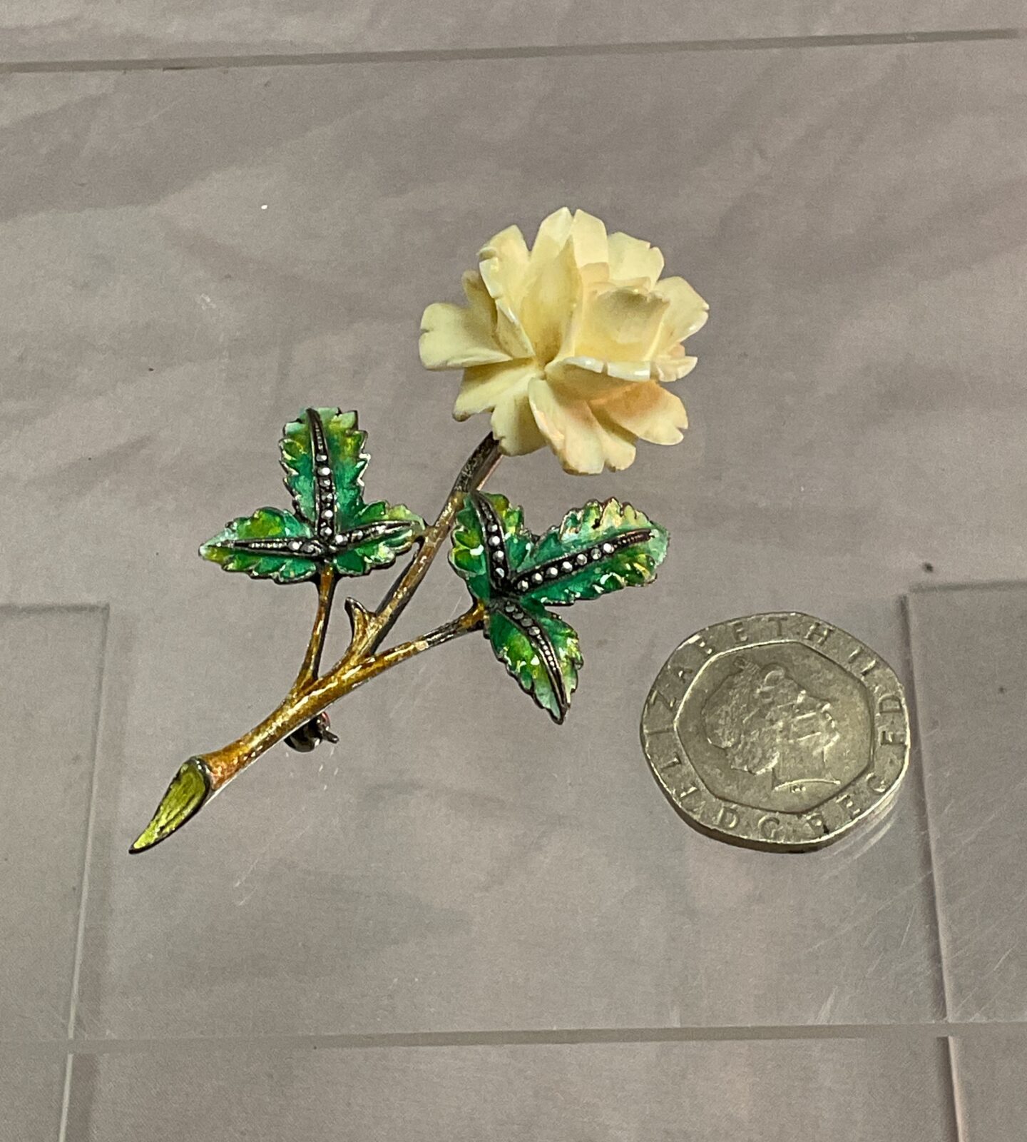hallmarked silver enamelled Marcasite rose brooch