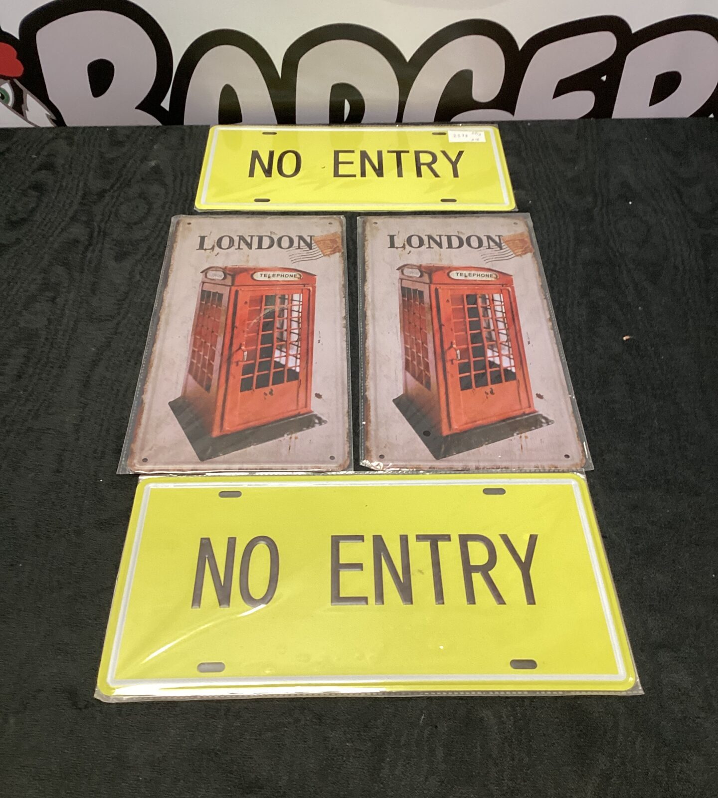 Two no entry tin signs & two london phone box tin signs