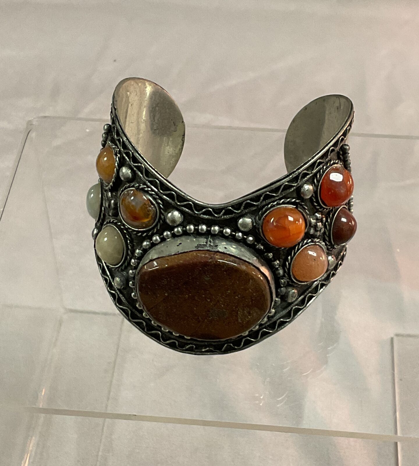 indian silver cuff bangle set with semi precious stones