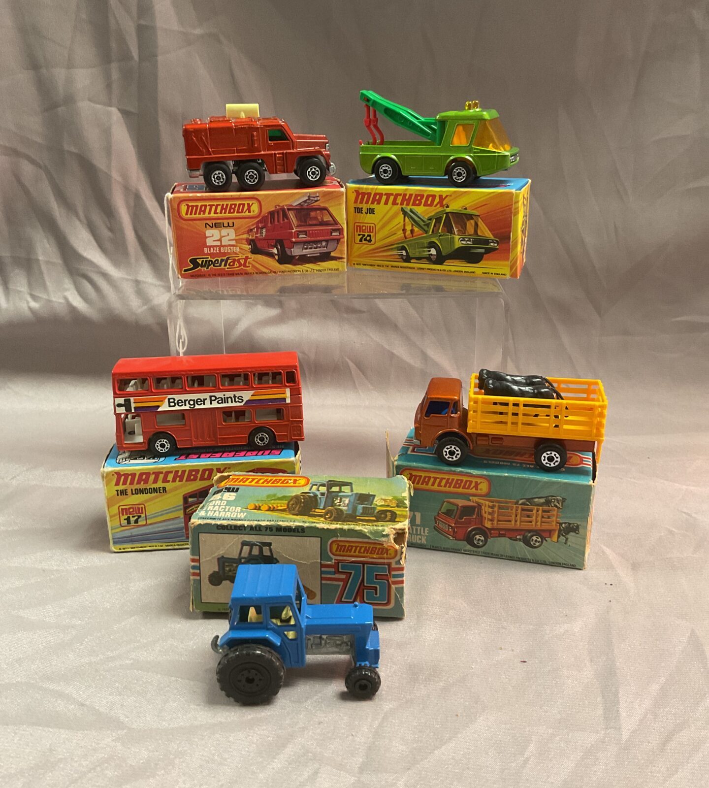 Five boxed vintage matchbox diecast vehicles