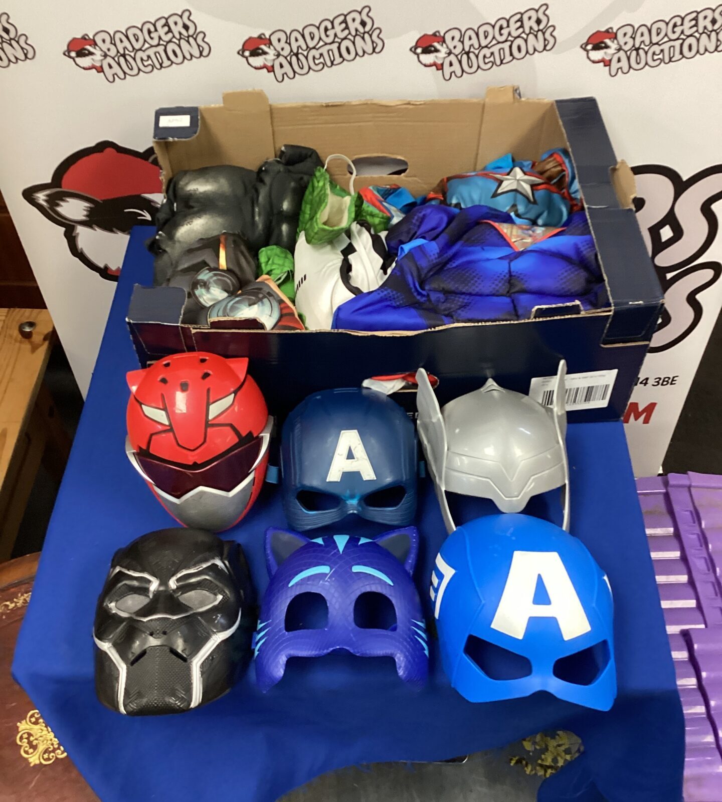 Box of mixed boys dress up costumes inc power rangers, black panther & captain America