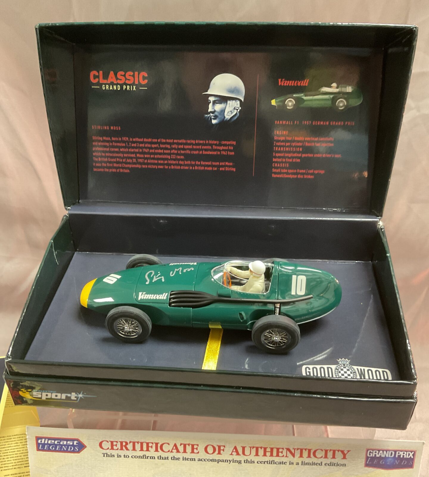 stirling moss signed limited to 50 gp legend vanwall f1 scalextric car