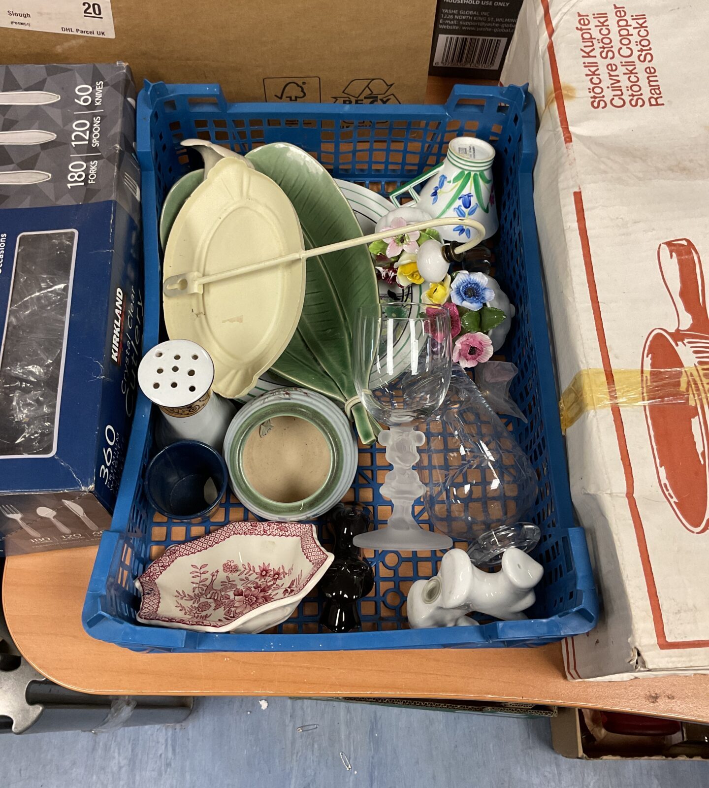 Crate of mixed china, ceramic and glassware inc walt disney wine glass and masons
