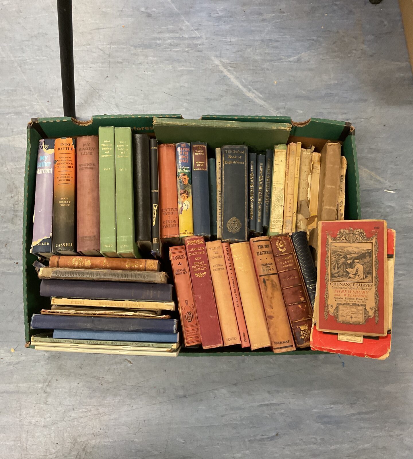Tray of vintage & antique books including winston Churchill my early life