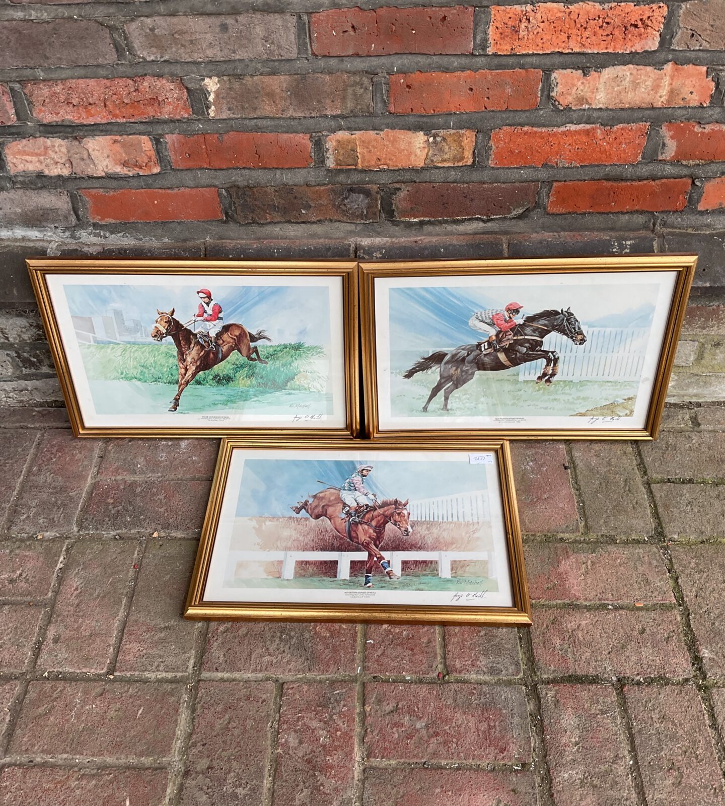 Set of three vic Mitchell horse racing prints signed by trainer jonjo o’neill