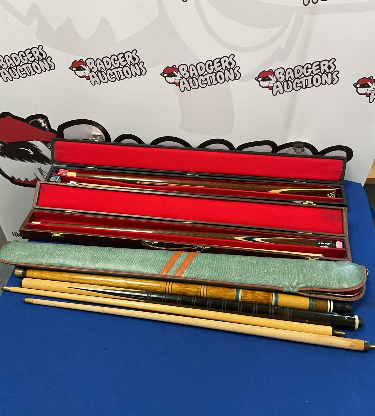 Bundle of four snooker cues inc bce & tecno