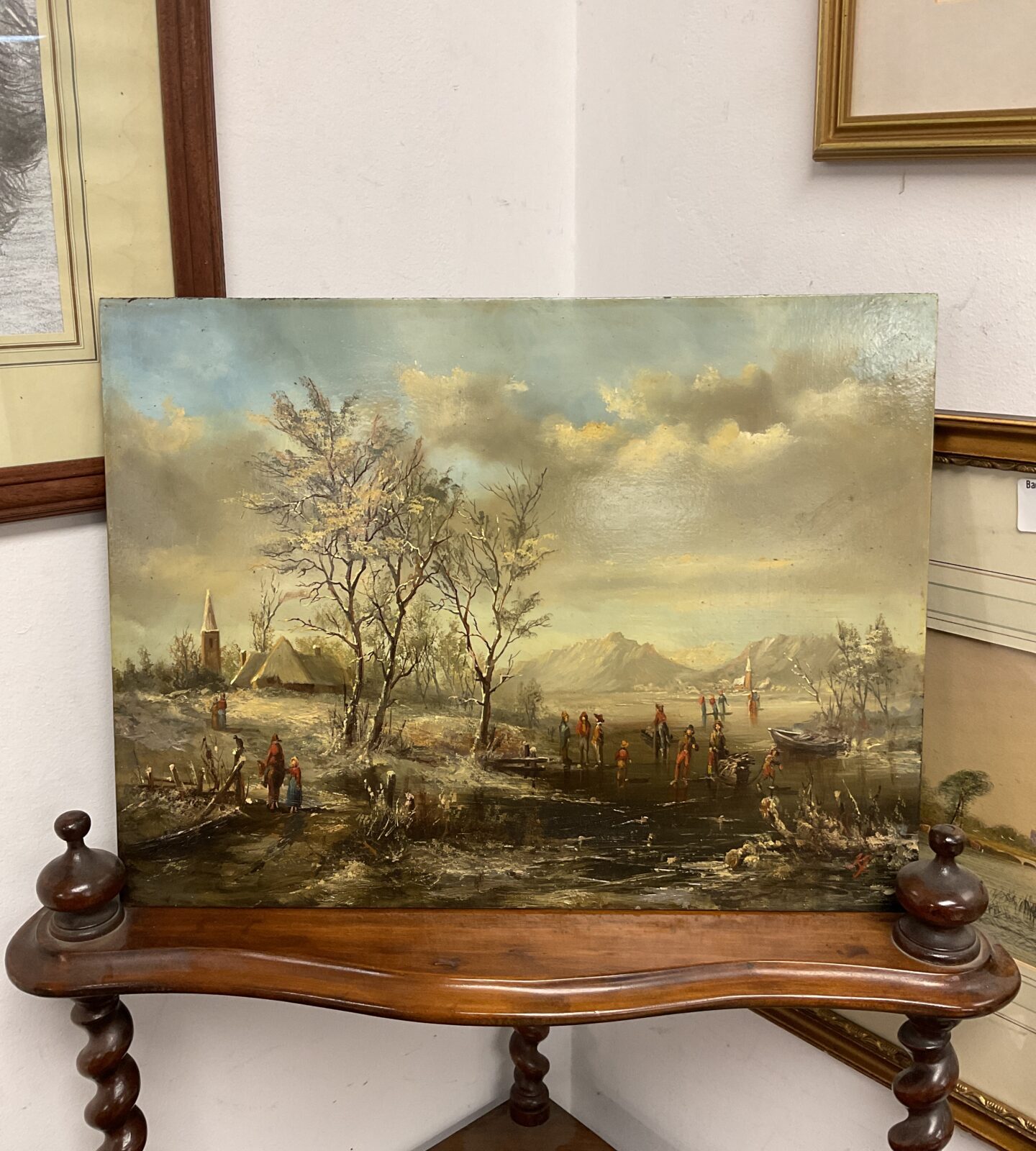 Original signed oil on board of a winter settlers scene