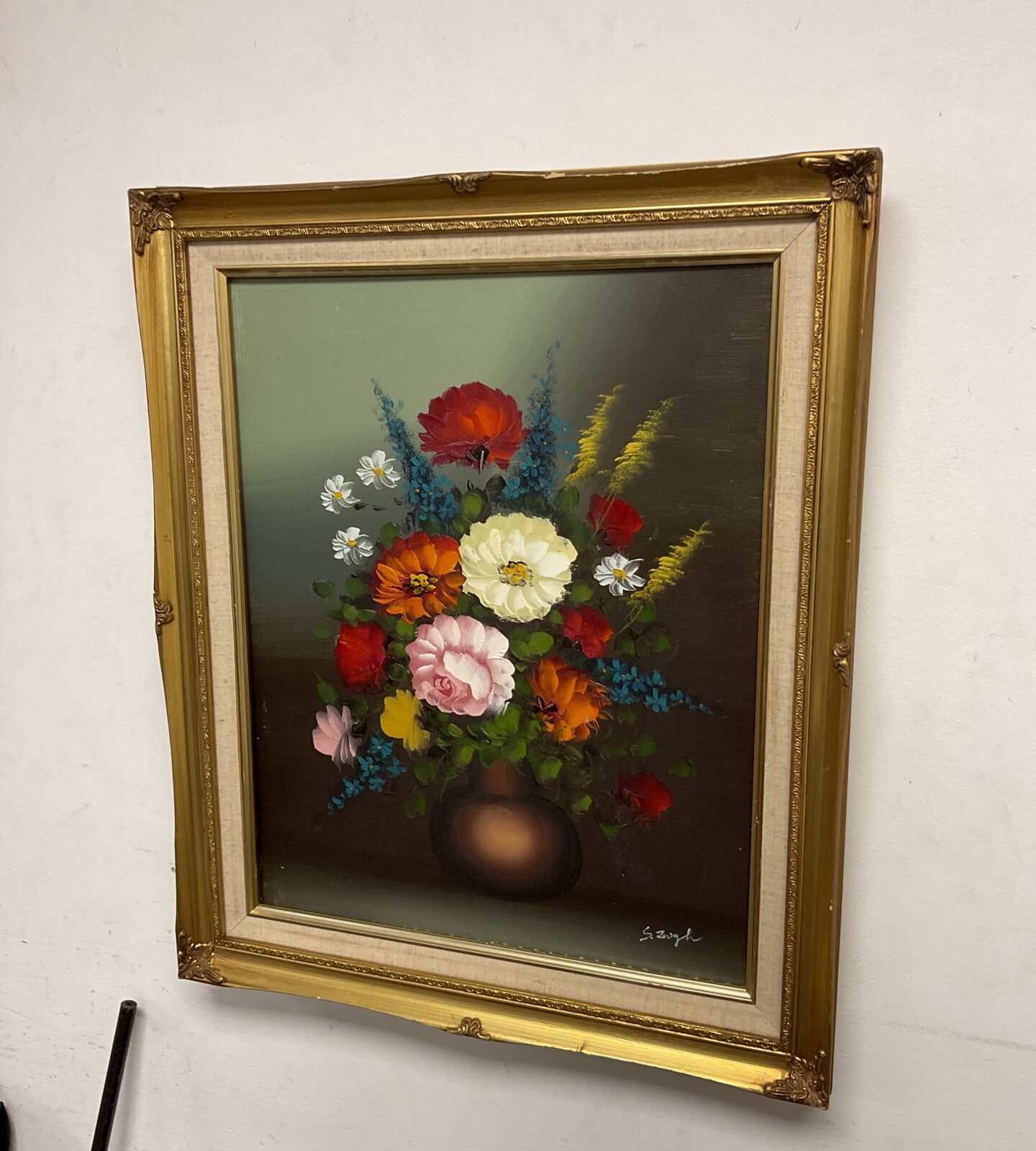 S zough signed still life oil painting of flowers in vase